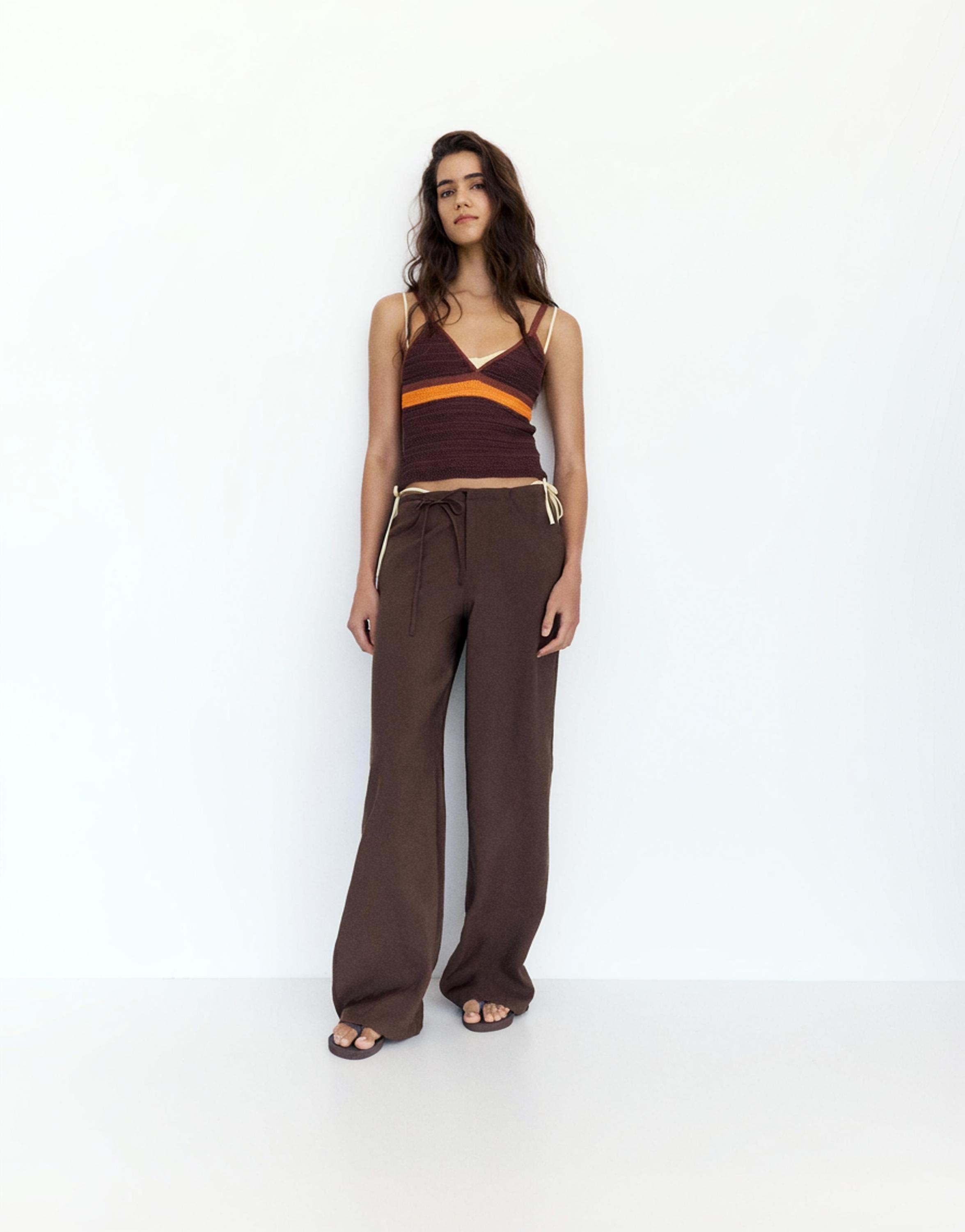 Drawstring flowing trousers — Brown