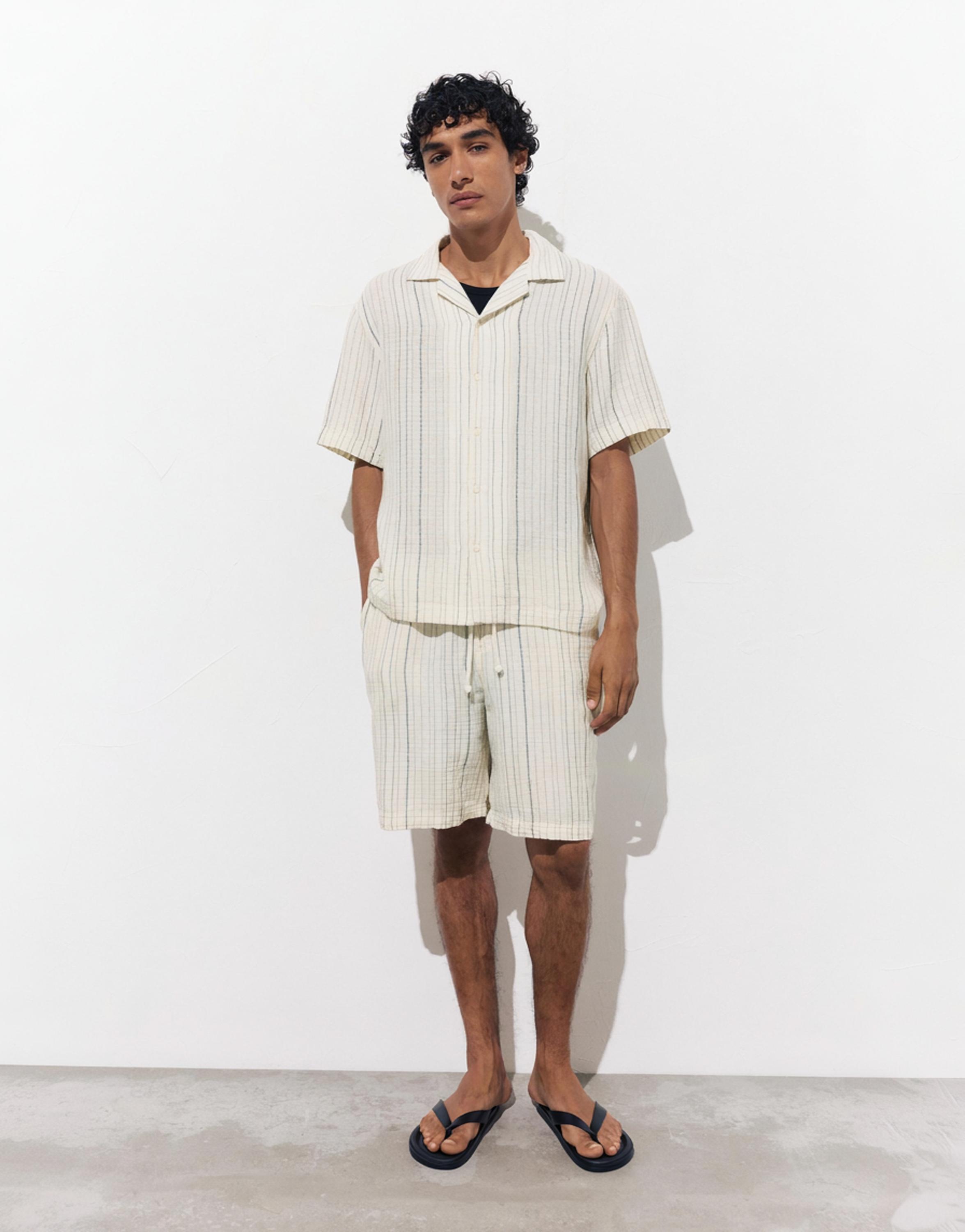 Short sleeve striped crepe shirt — White/Navy