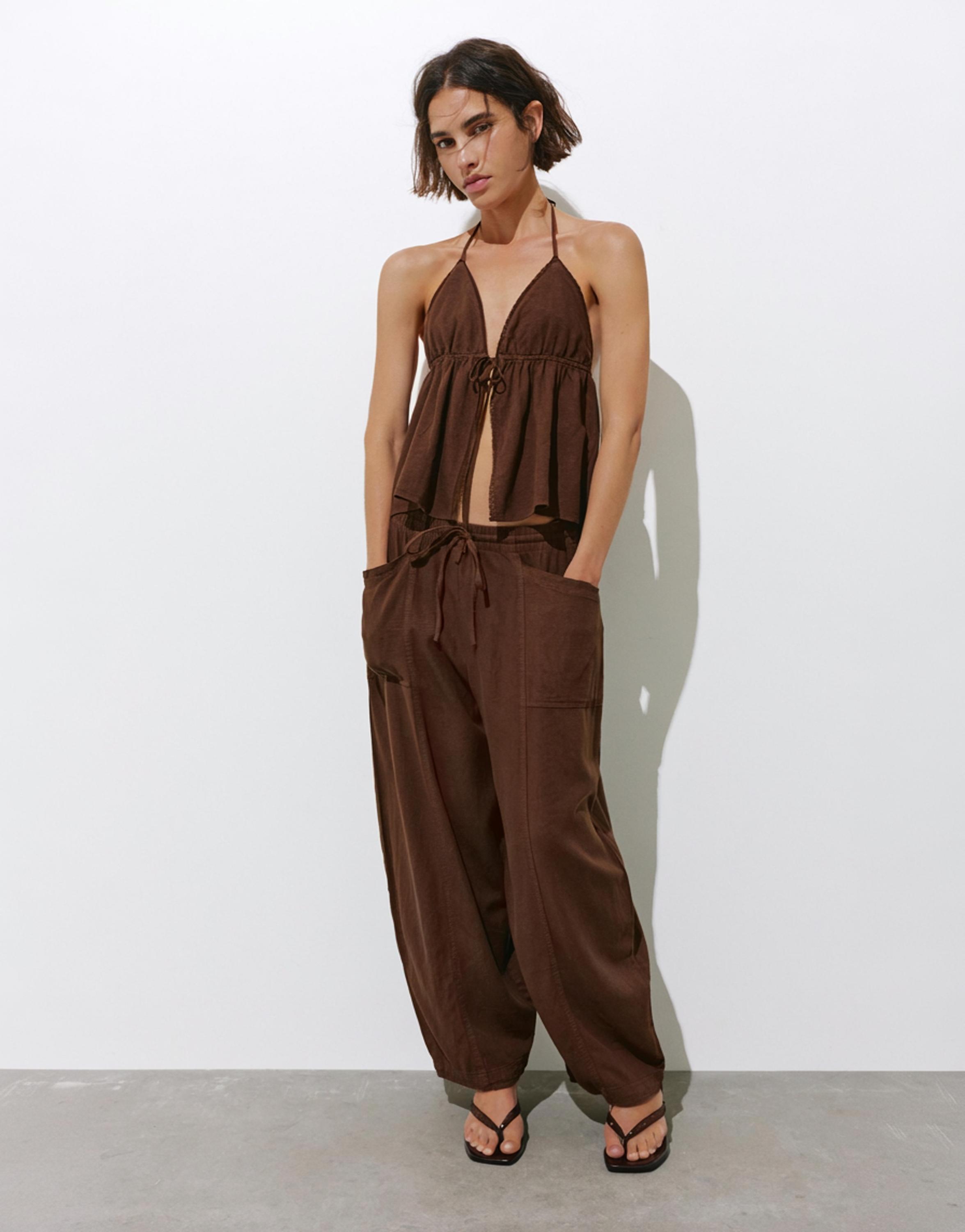 Linen blend barrel trousers — Chocolate