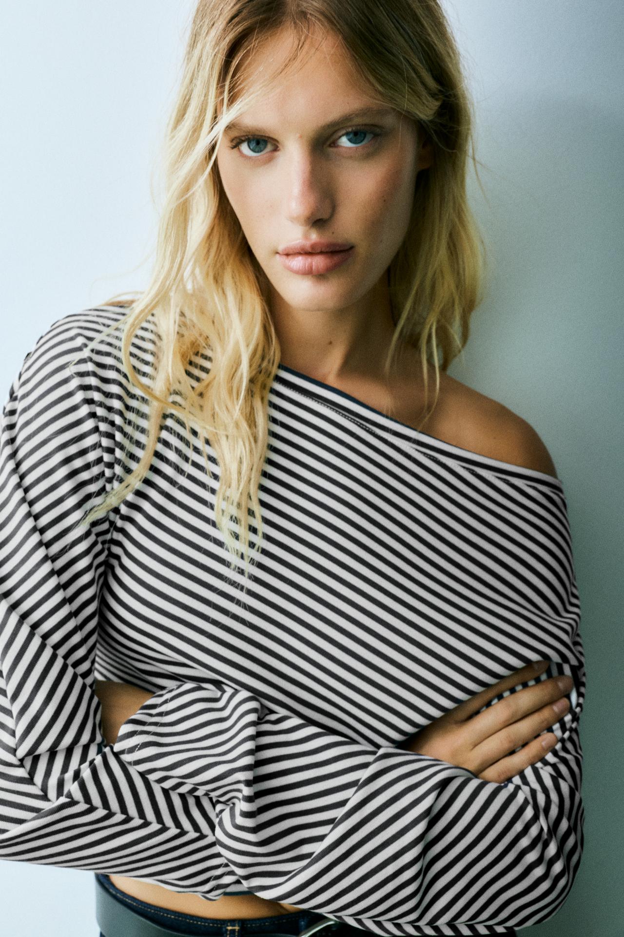 Asymmetric long sleeve top — Striped