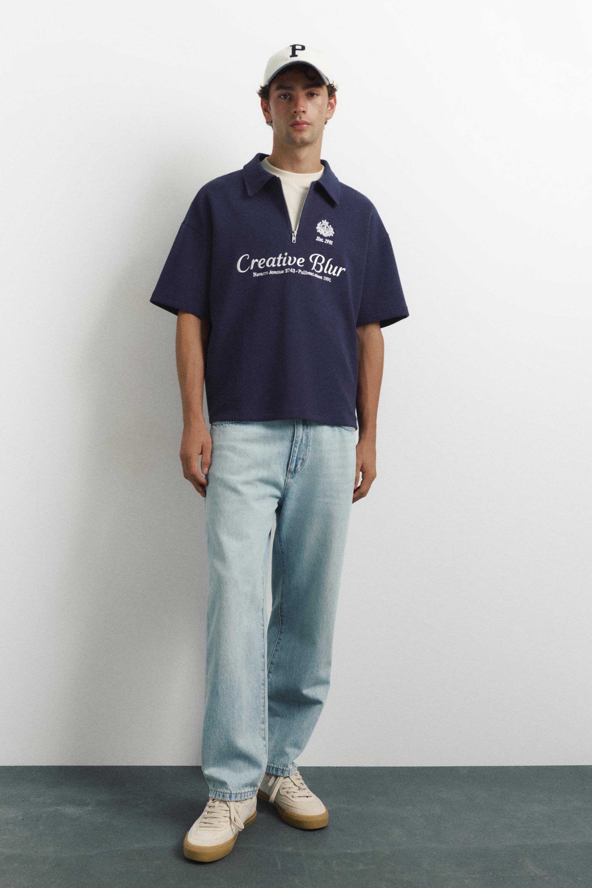 Interlock graphic polo shirt with zip — Navy