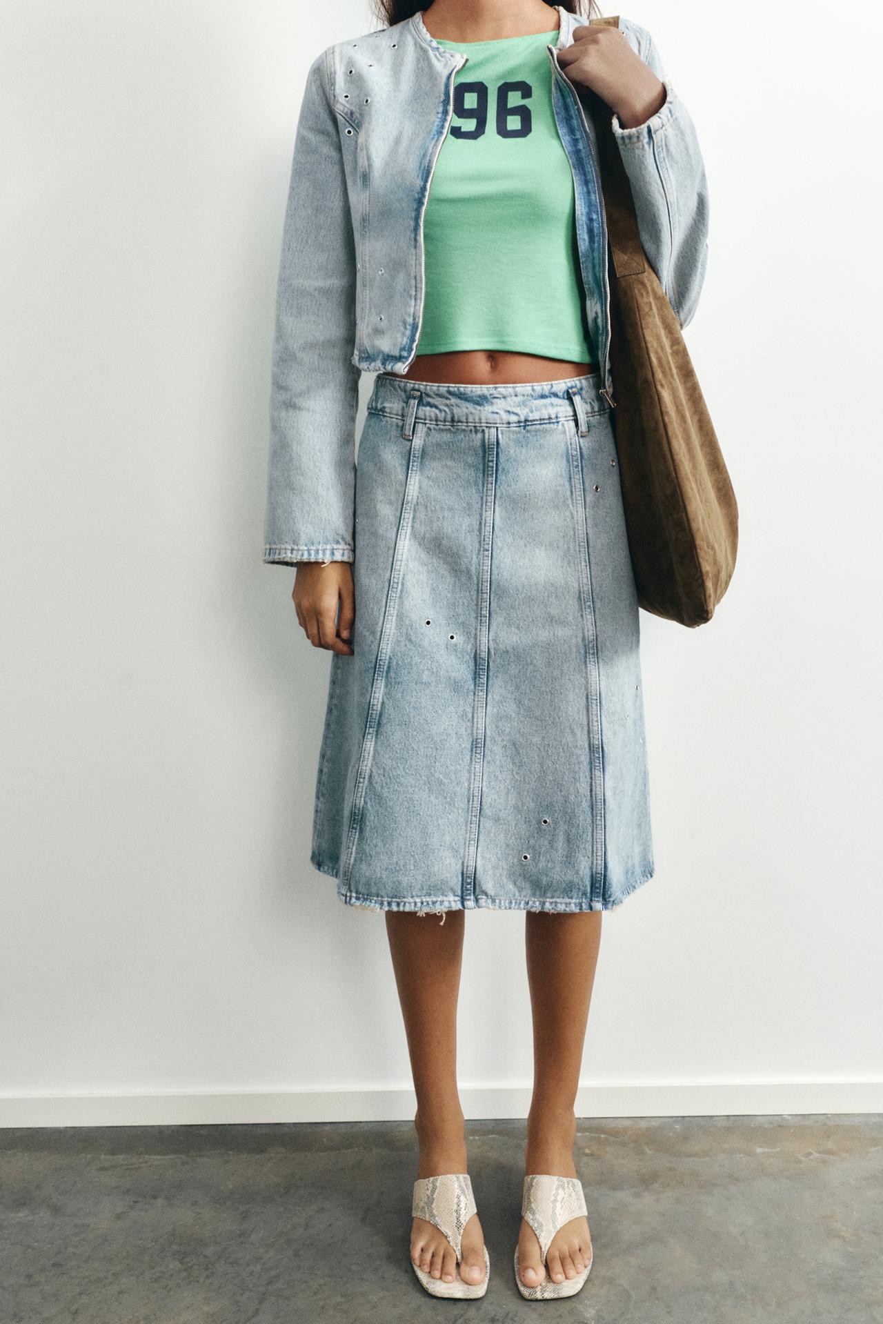 Eyelet denim midi skirt — Pale blue