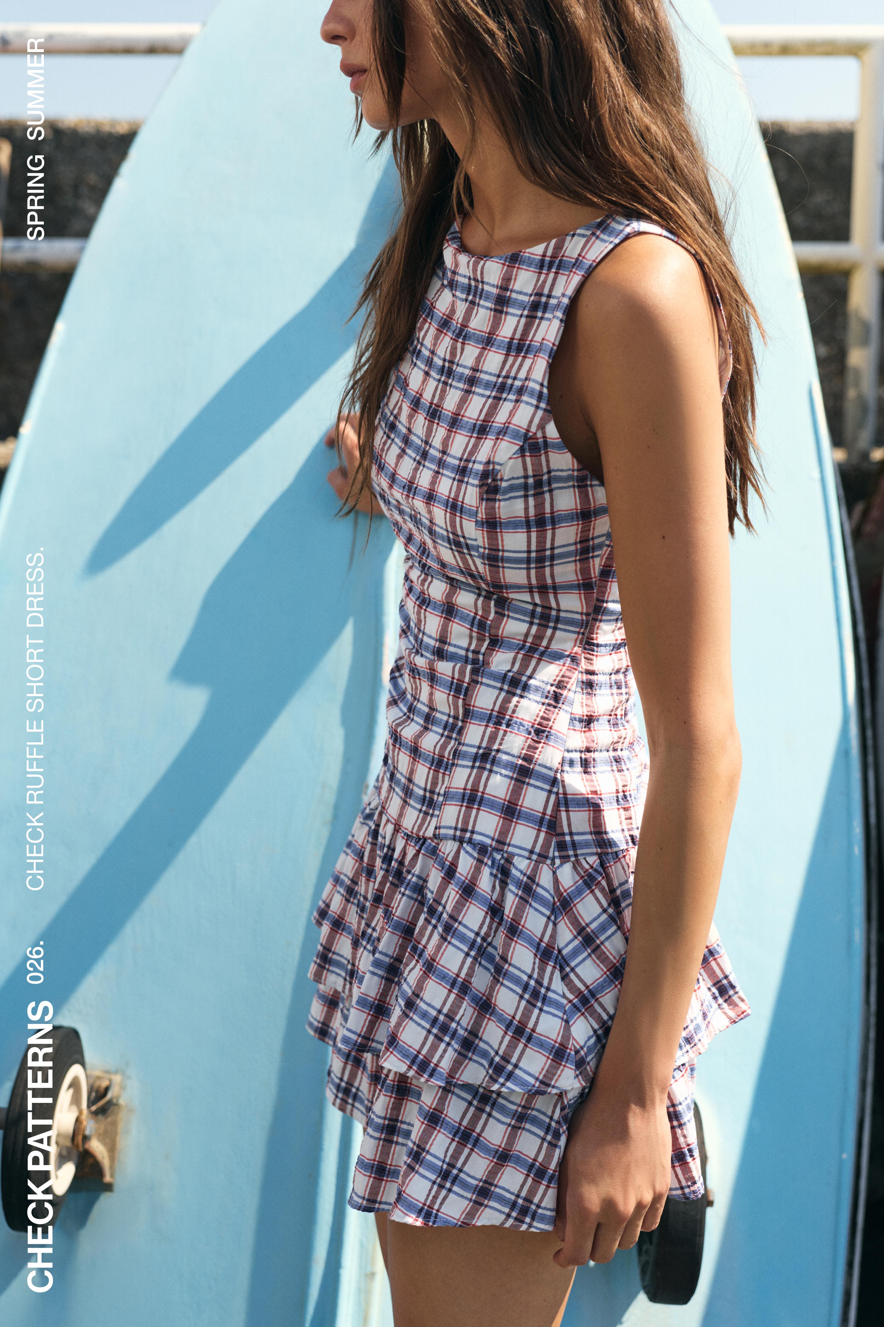 Check ruffle short dress — Blue