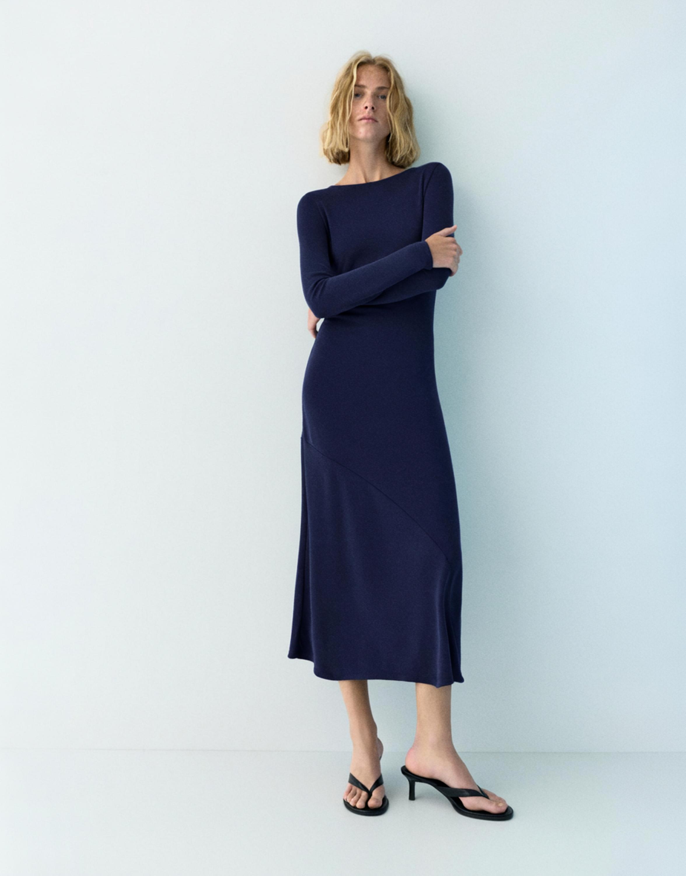 Fluid draped cupro midi dress — Faded navy
