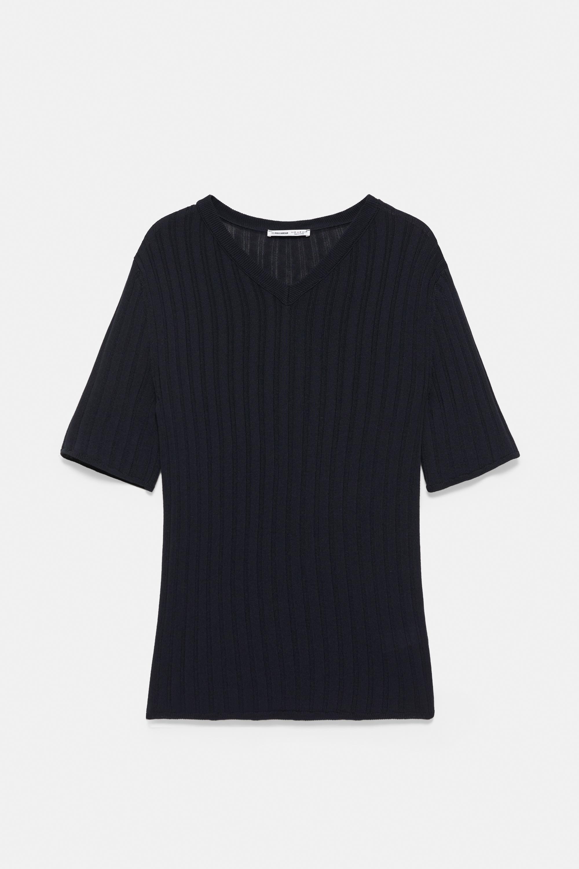 Ribbed V-neck top — Navy