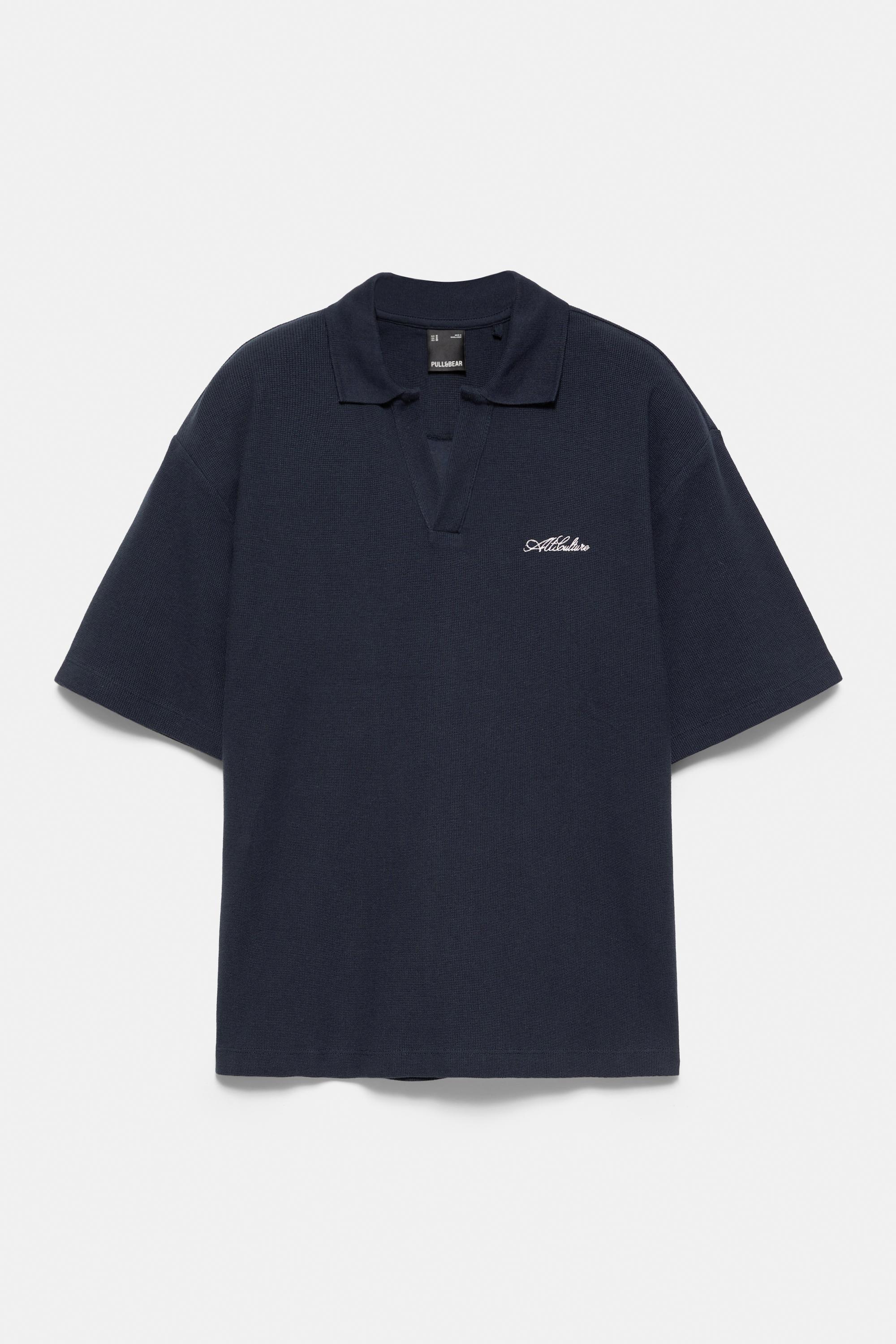 Short sleeve waffle-knit polo shirt — Navy