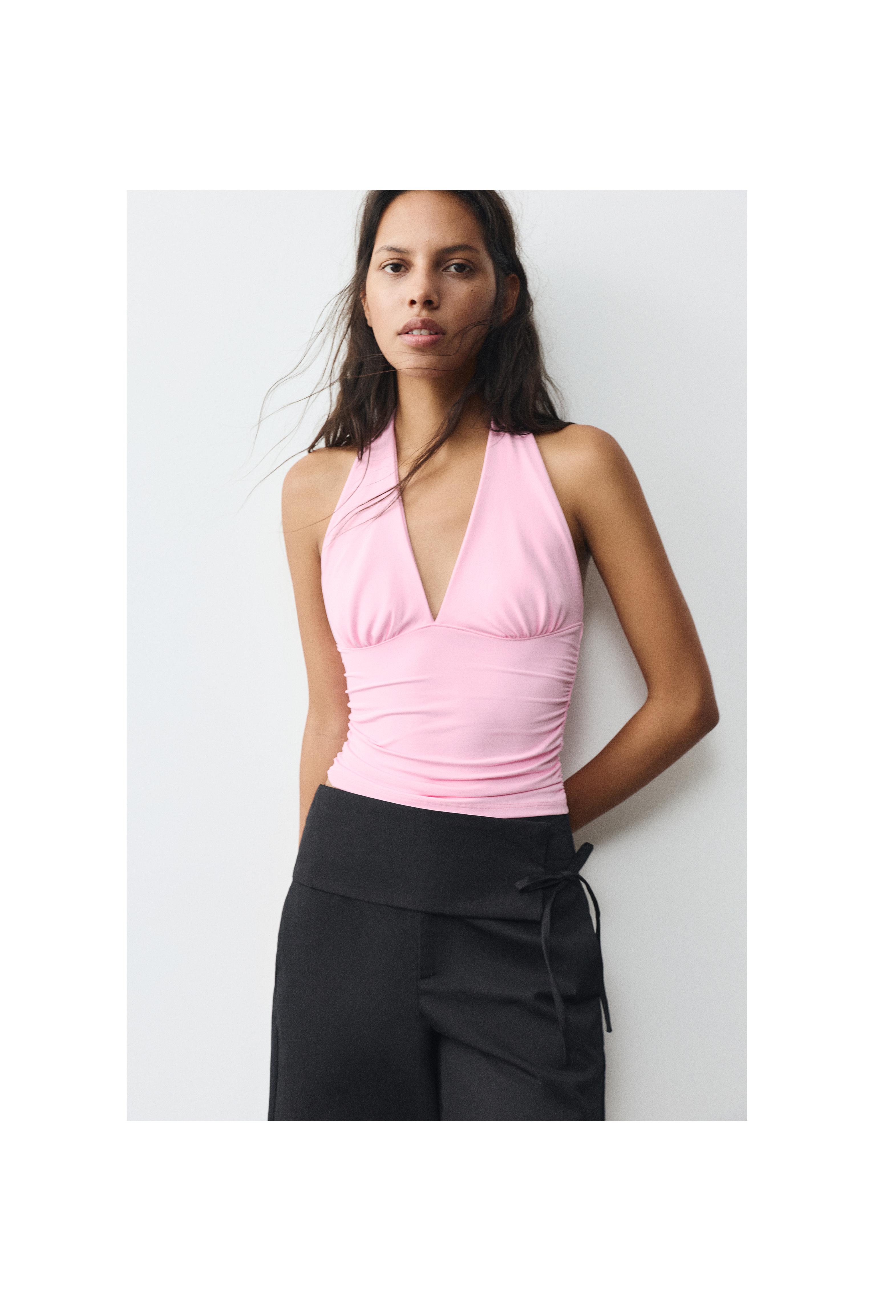 Halter neck top with gathering — Pink