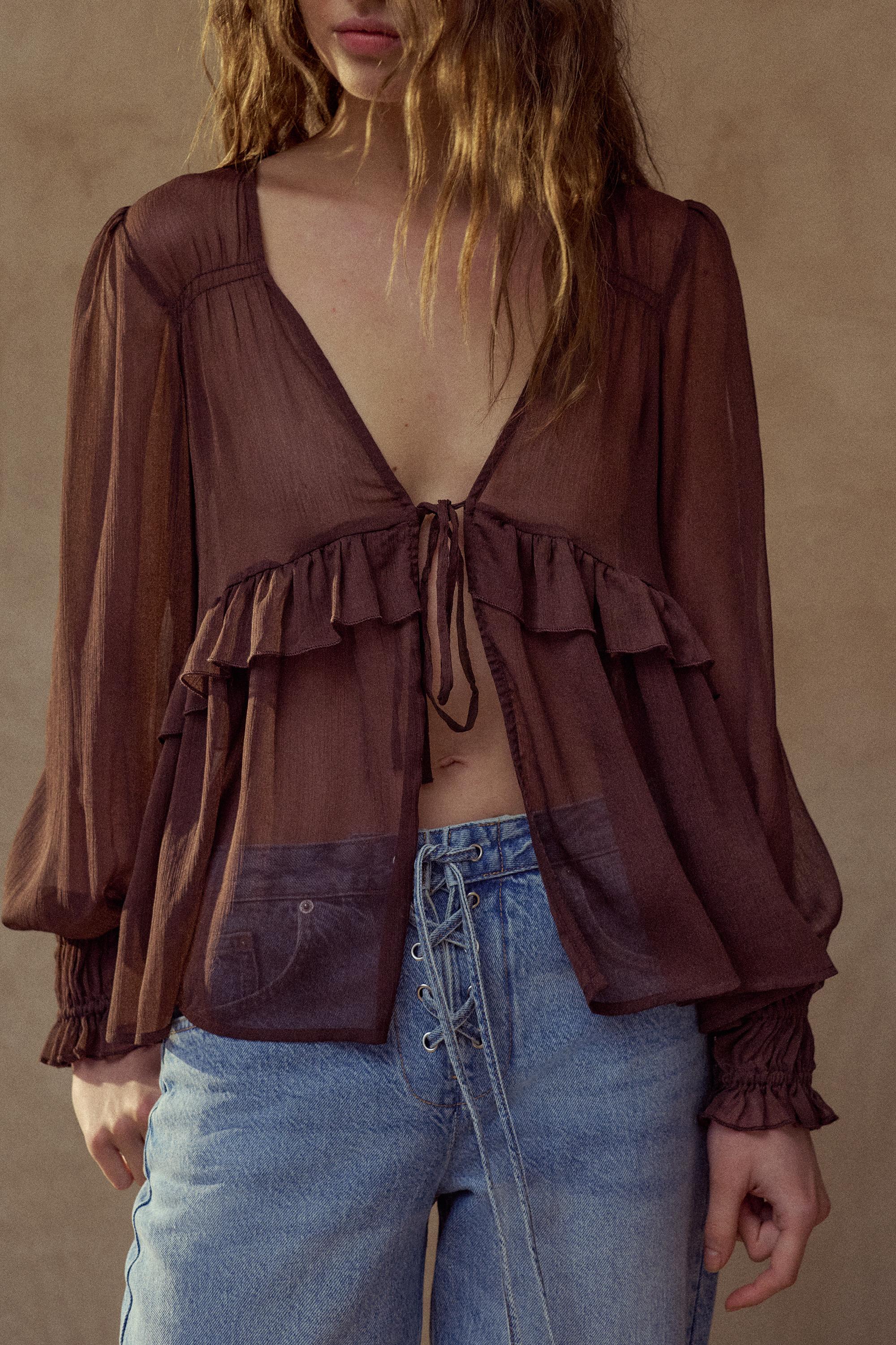 Sheer blouse with ruffle — Brown