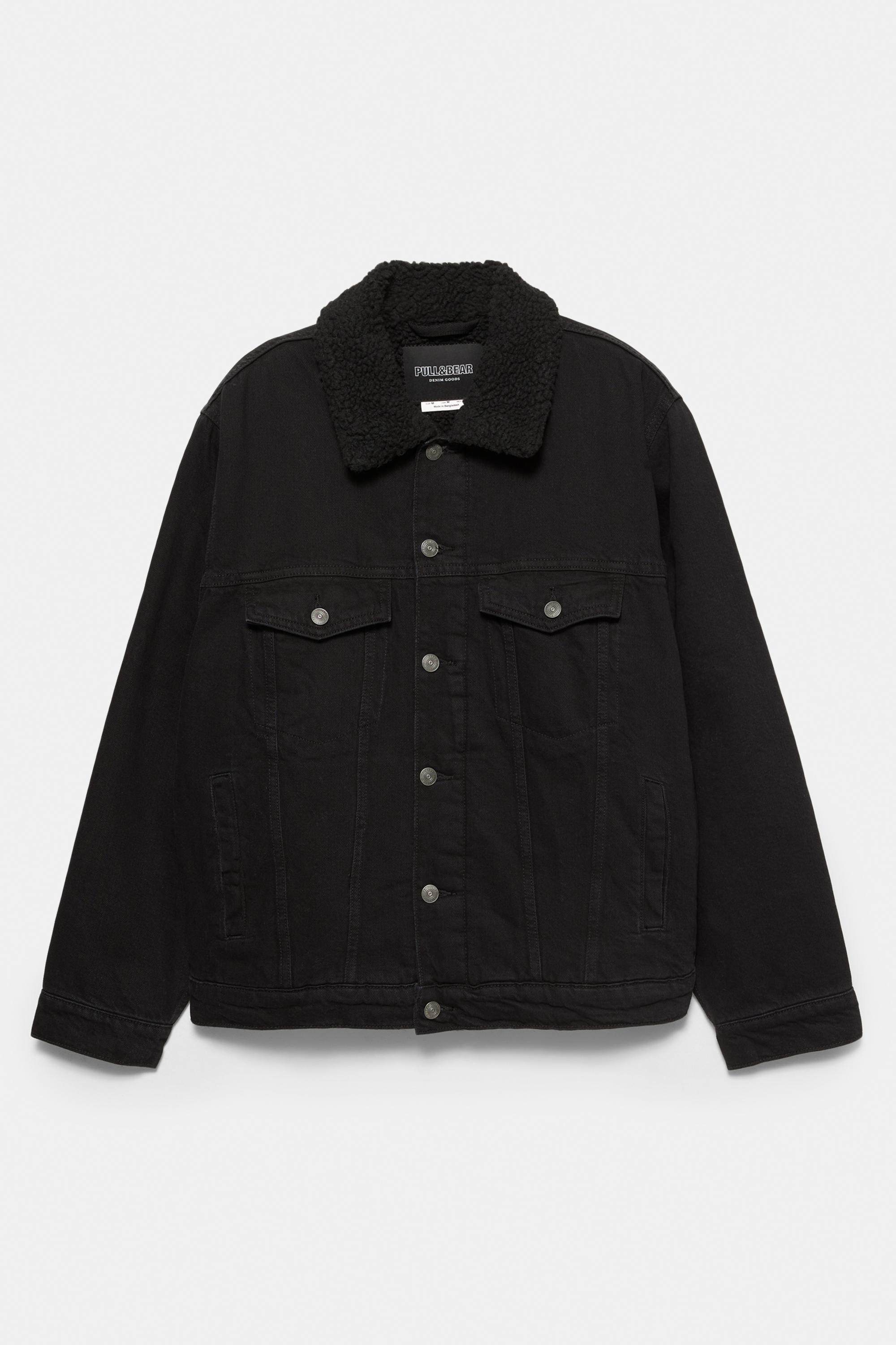 Denim jacket with faux shearling collar — Faded black