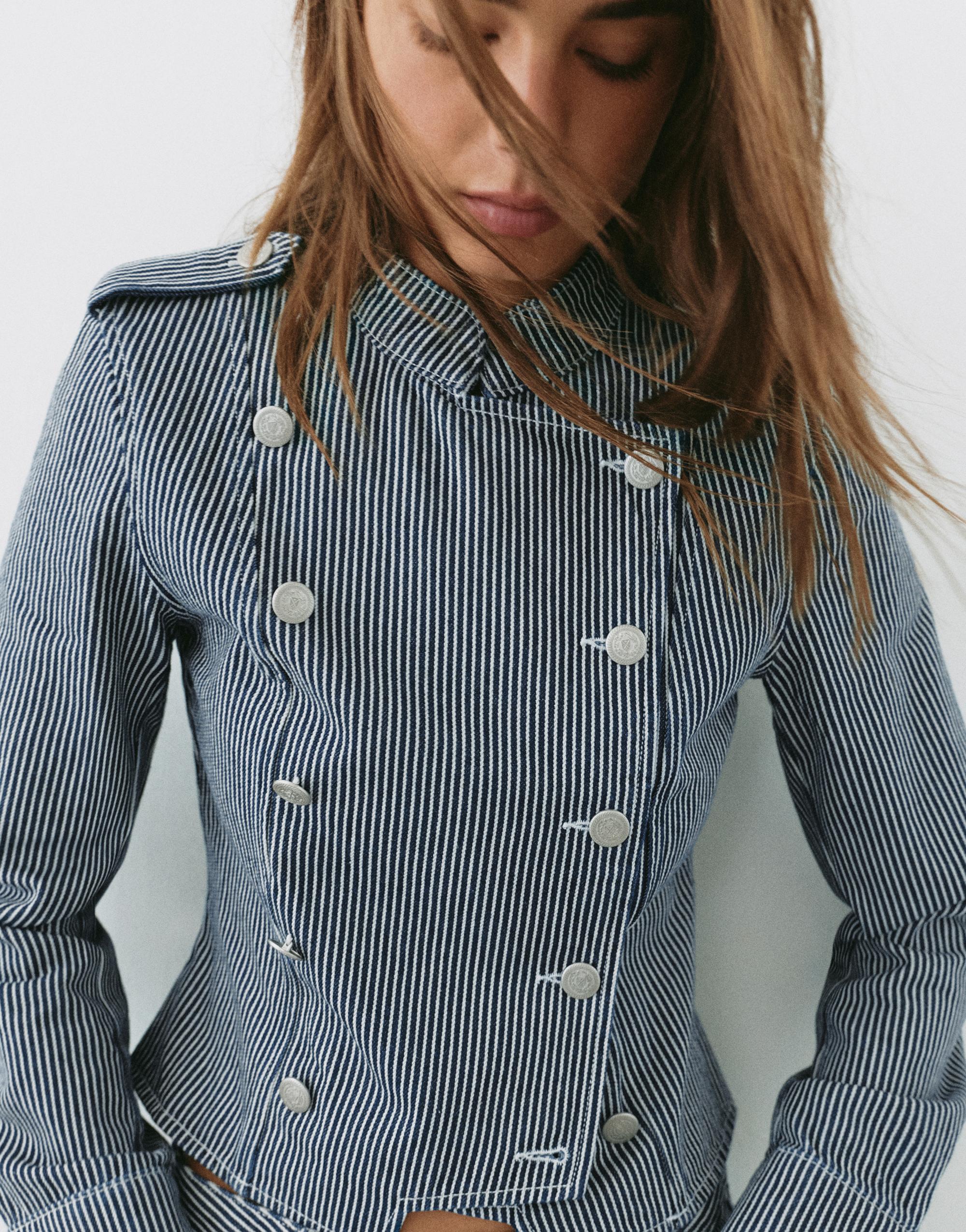 Striped buttoned denim jacket — Dark blue