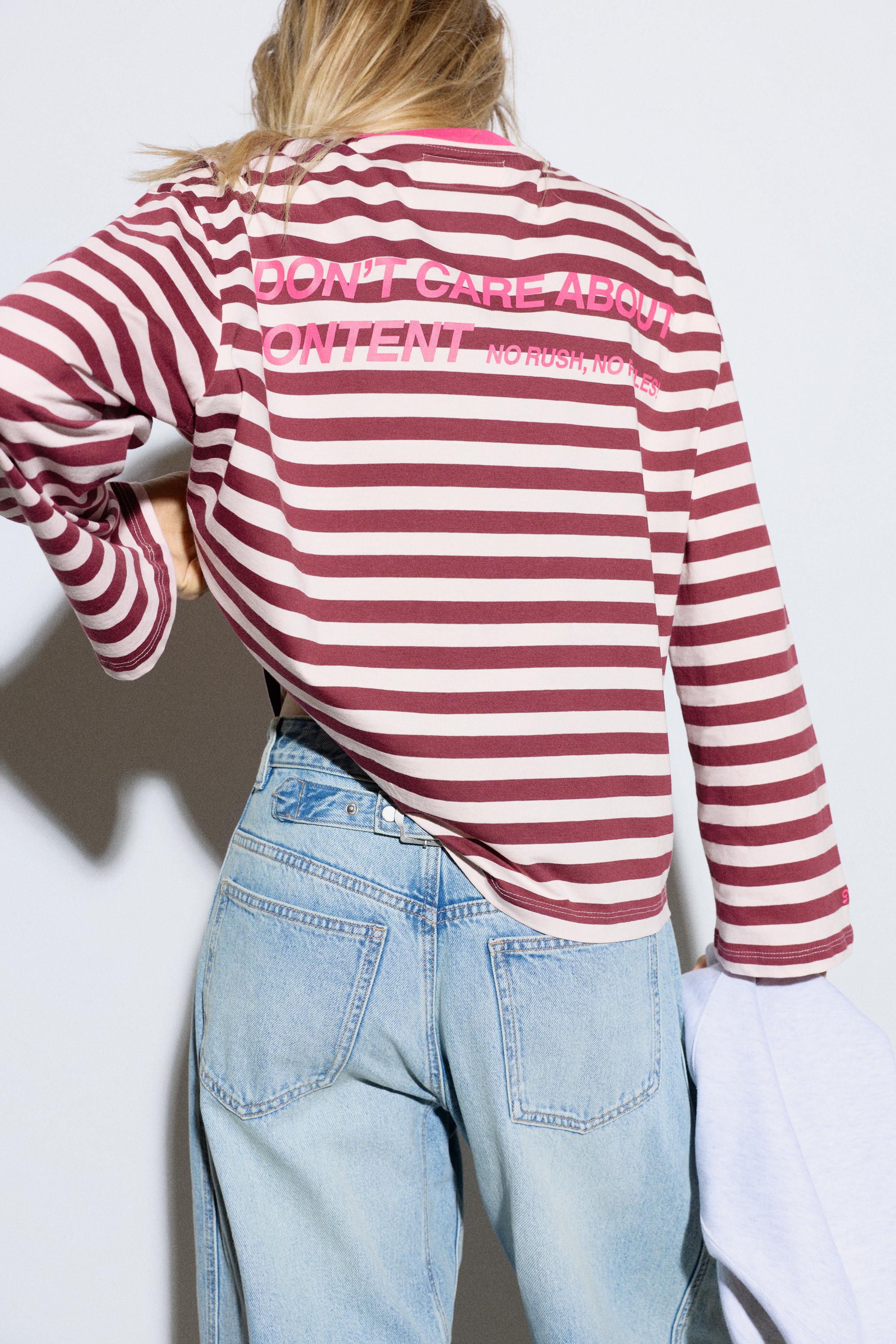 Oversize striped slogan T-shirt — Pale pink
