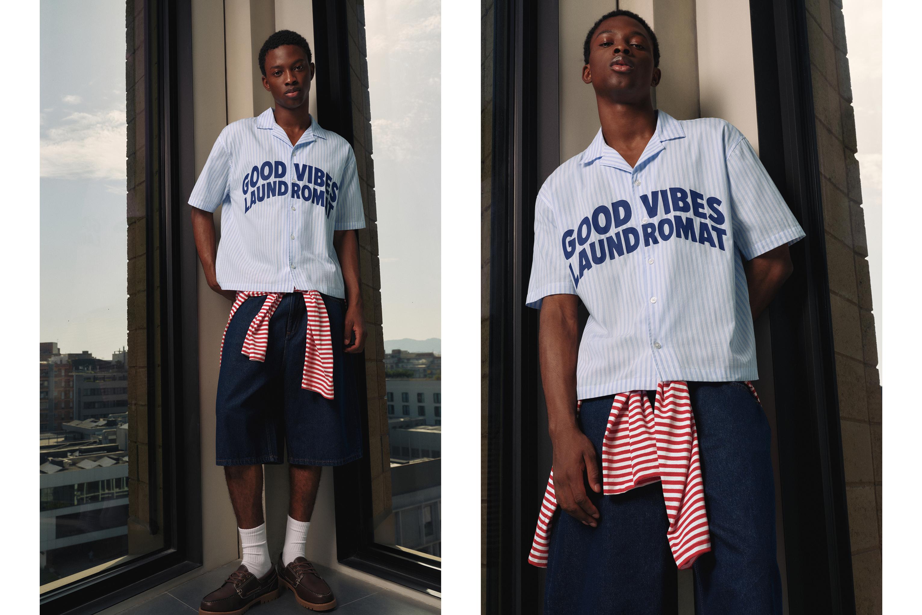 Striped short sleeve shirt with text — Grey/Blue