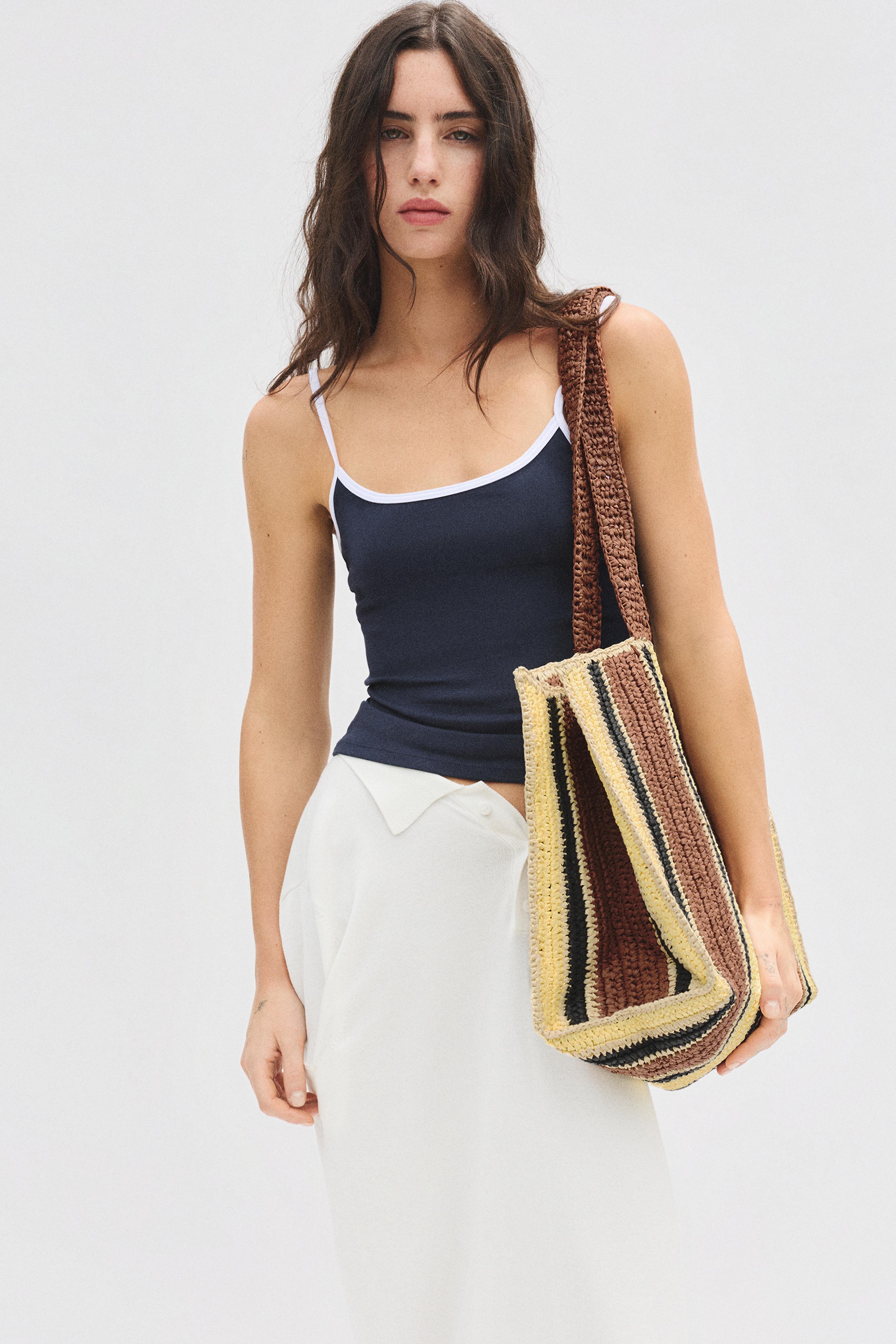 Striped woven tote bag — Brown