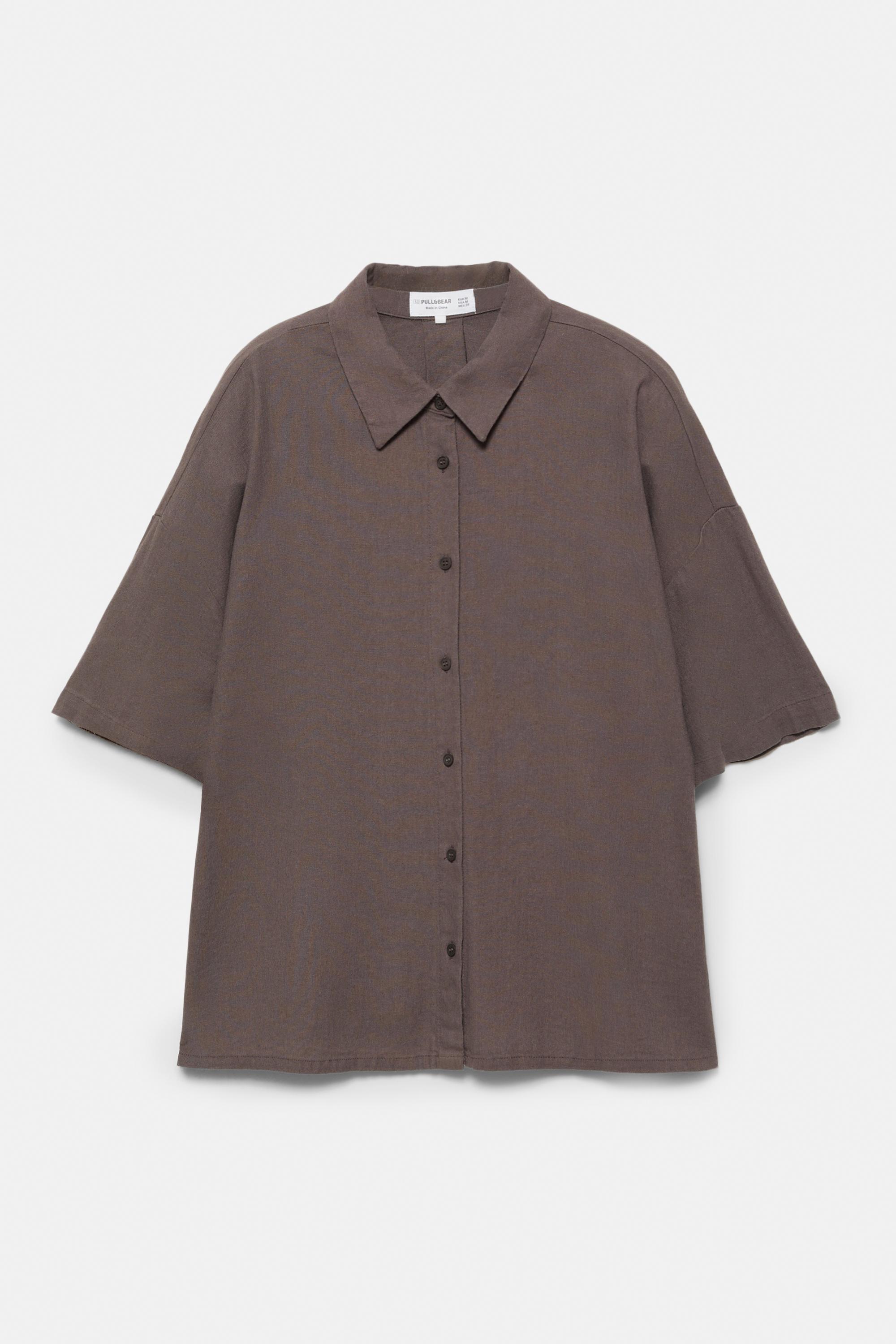 Short sleeve linen blend shirt — Pale brown