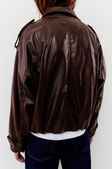Short leather-effect trench coat — Chocolate 2