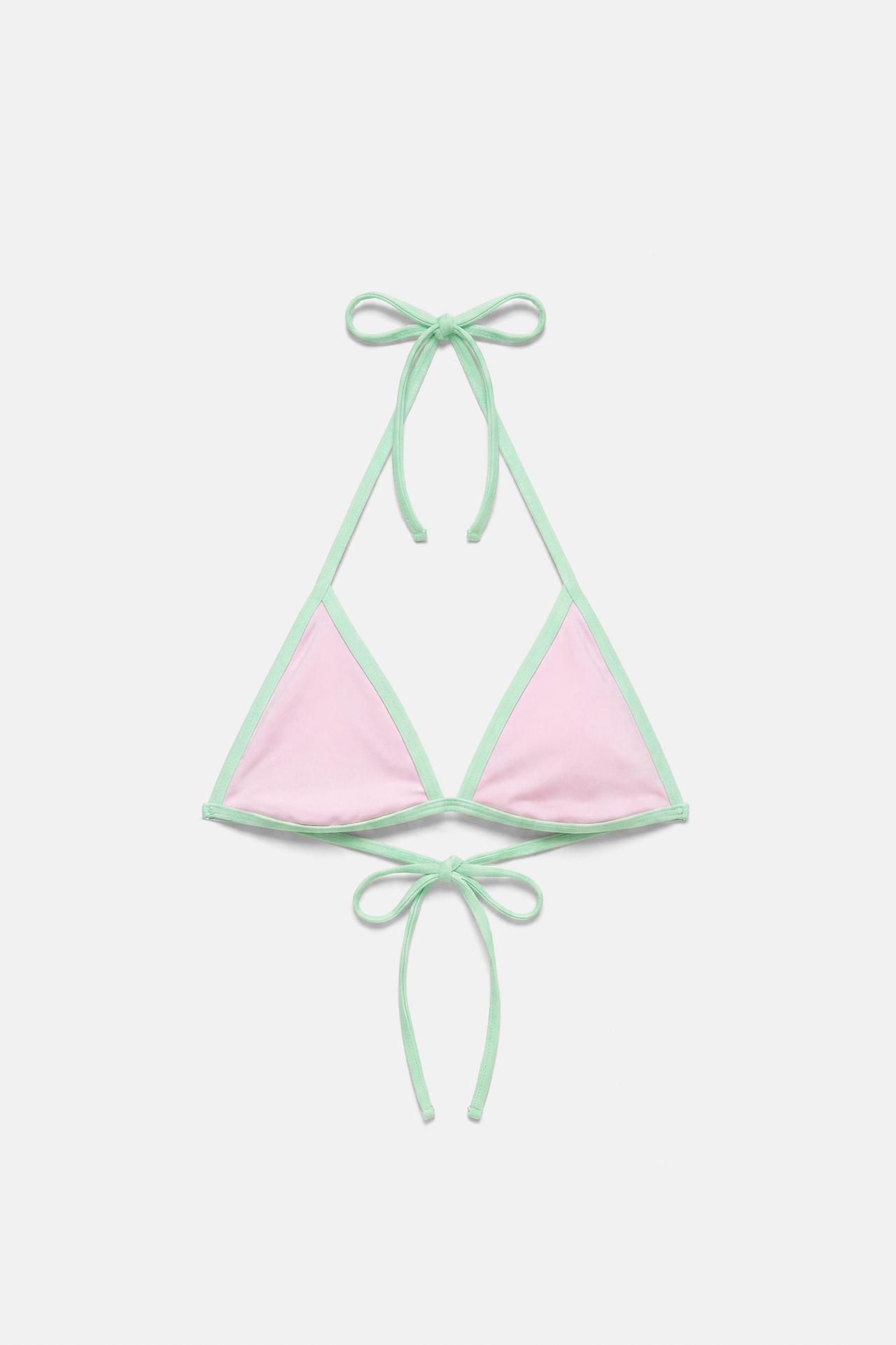 Contrast trim triangle bikini top — Pink
