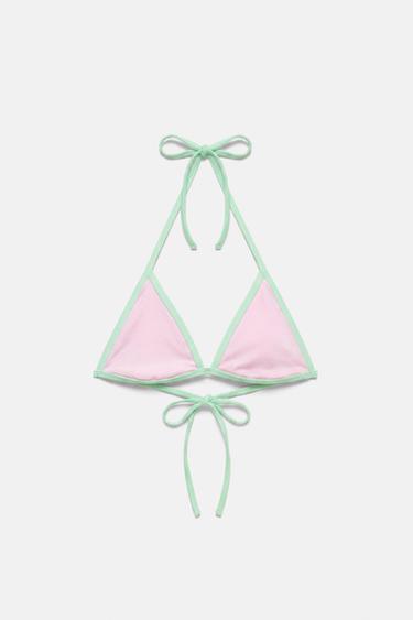 Contrast trim triangle bikini top — Pink 3