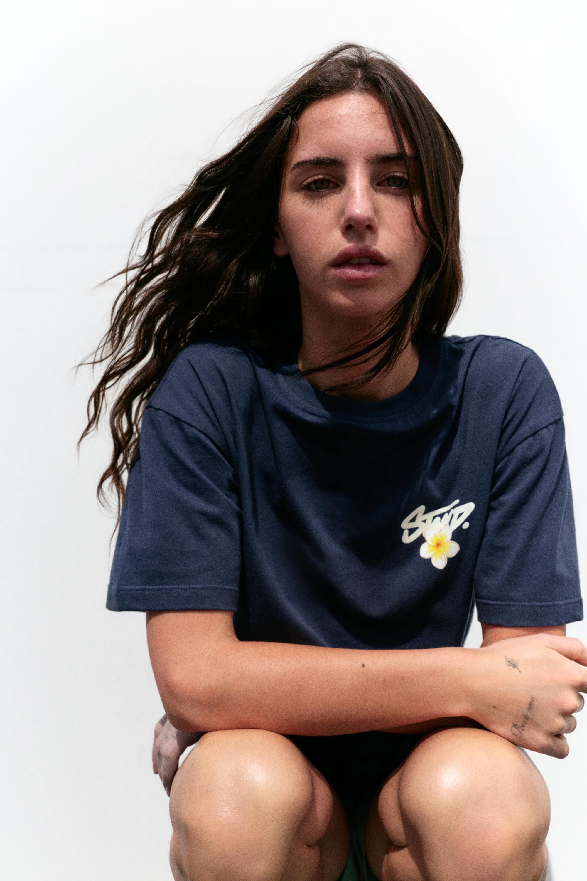 Oversize floral graphic T-shirt — Navy