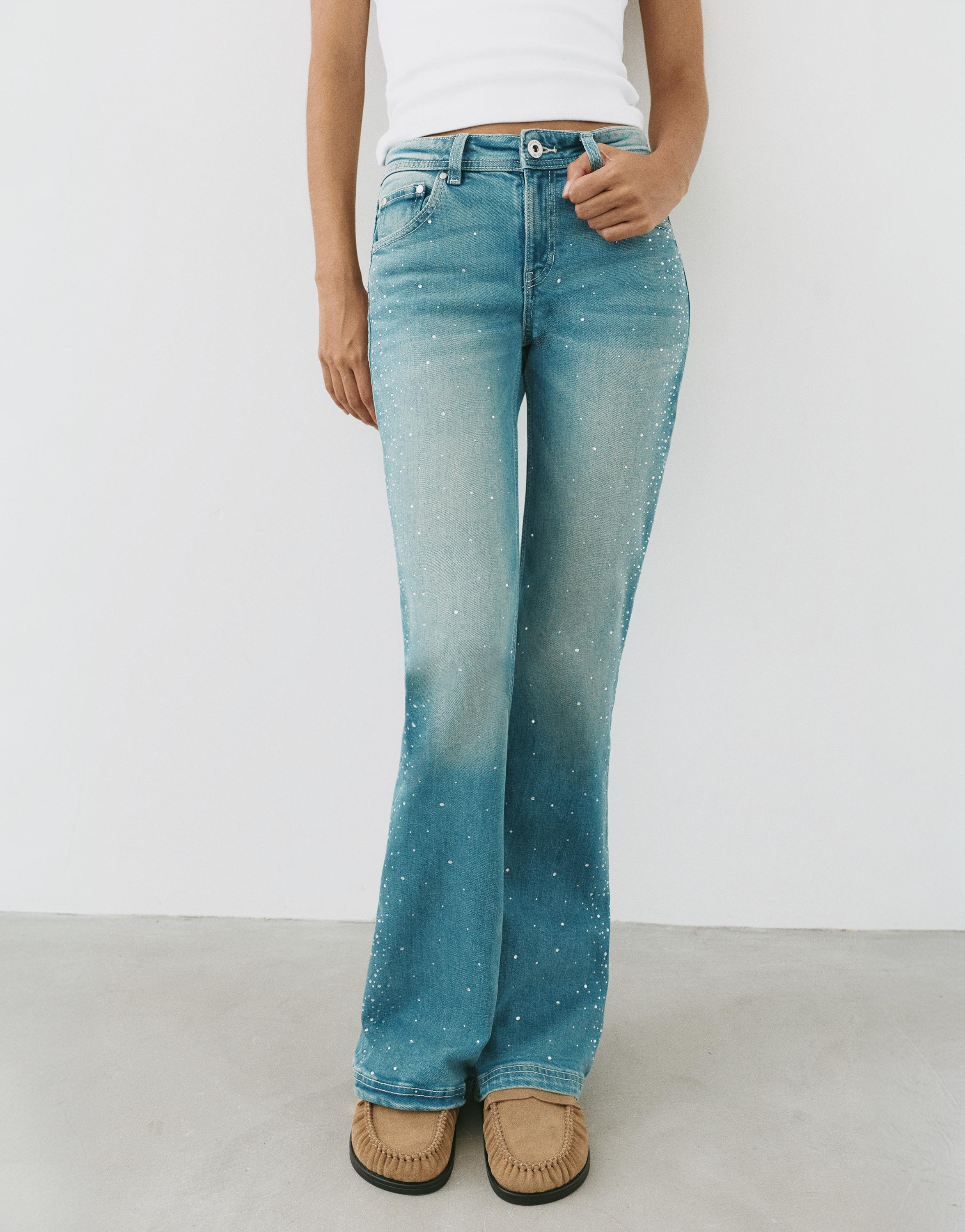 Rhinestone boot-cut jeans — Greenish blue