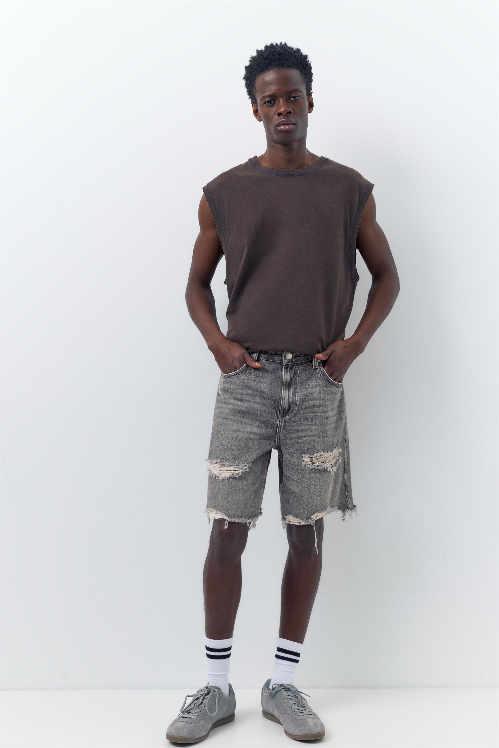 Straight-leg denim Bermuda shorts — Dark grey