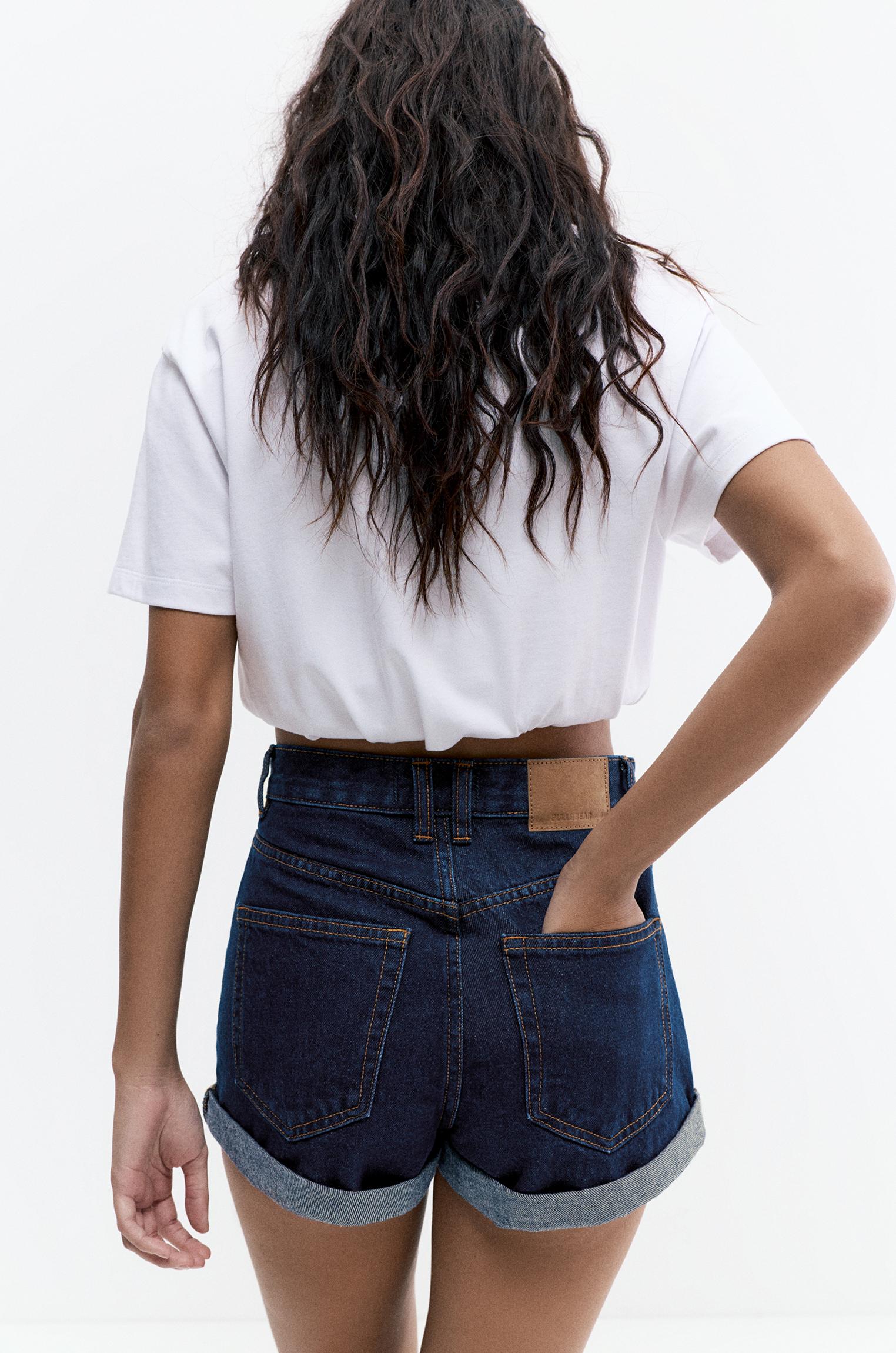 Denim mom fit shorts with turn-up hems — Navy