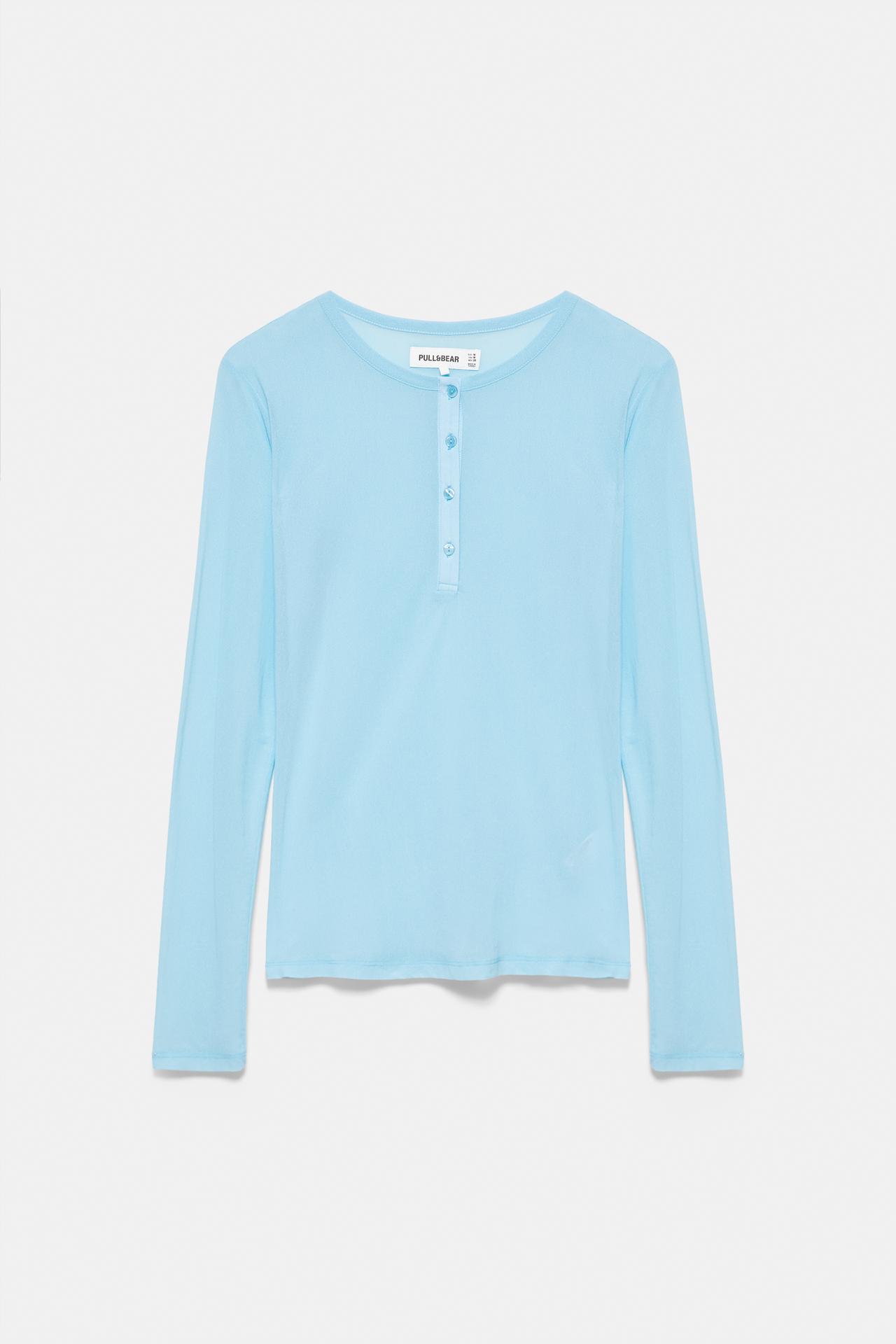 Semi-sheer Henley neck T-shirt — Pale blue