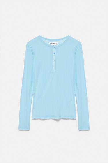 Semi-sheer Henley neck T-shirt — Pale blue 2