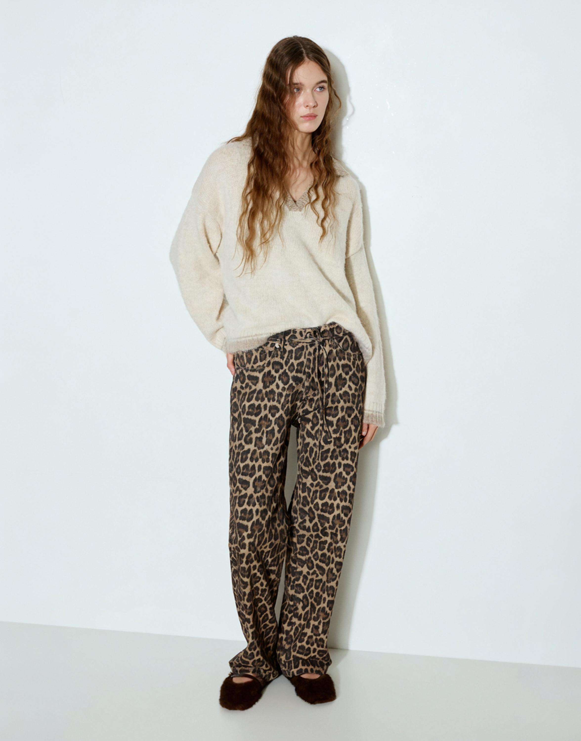 Leopard print jeans with drawstring — Leopard / taupe brown