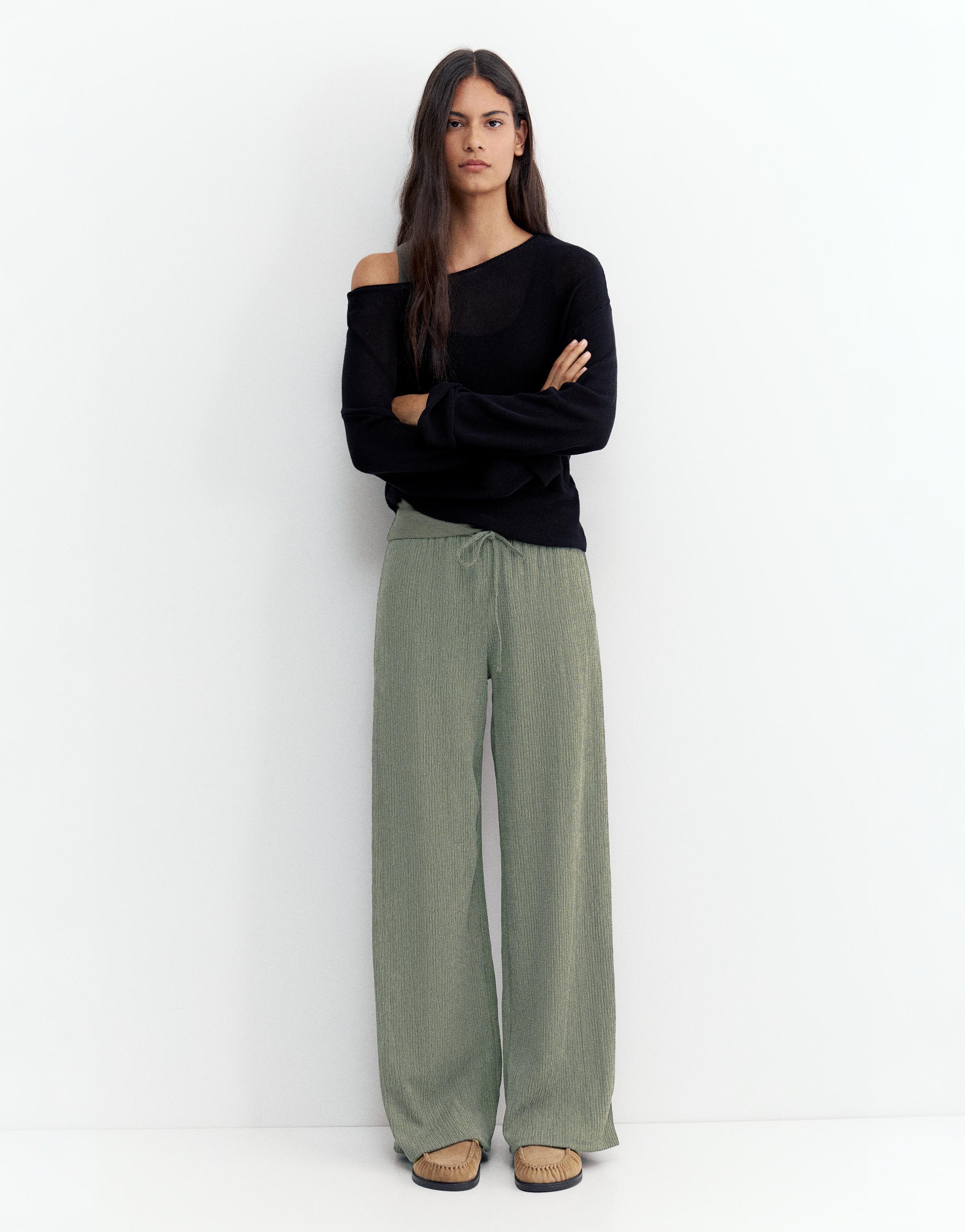 Wide-leg crepe trousers — Khaki