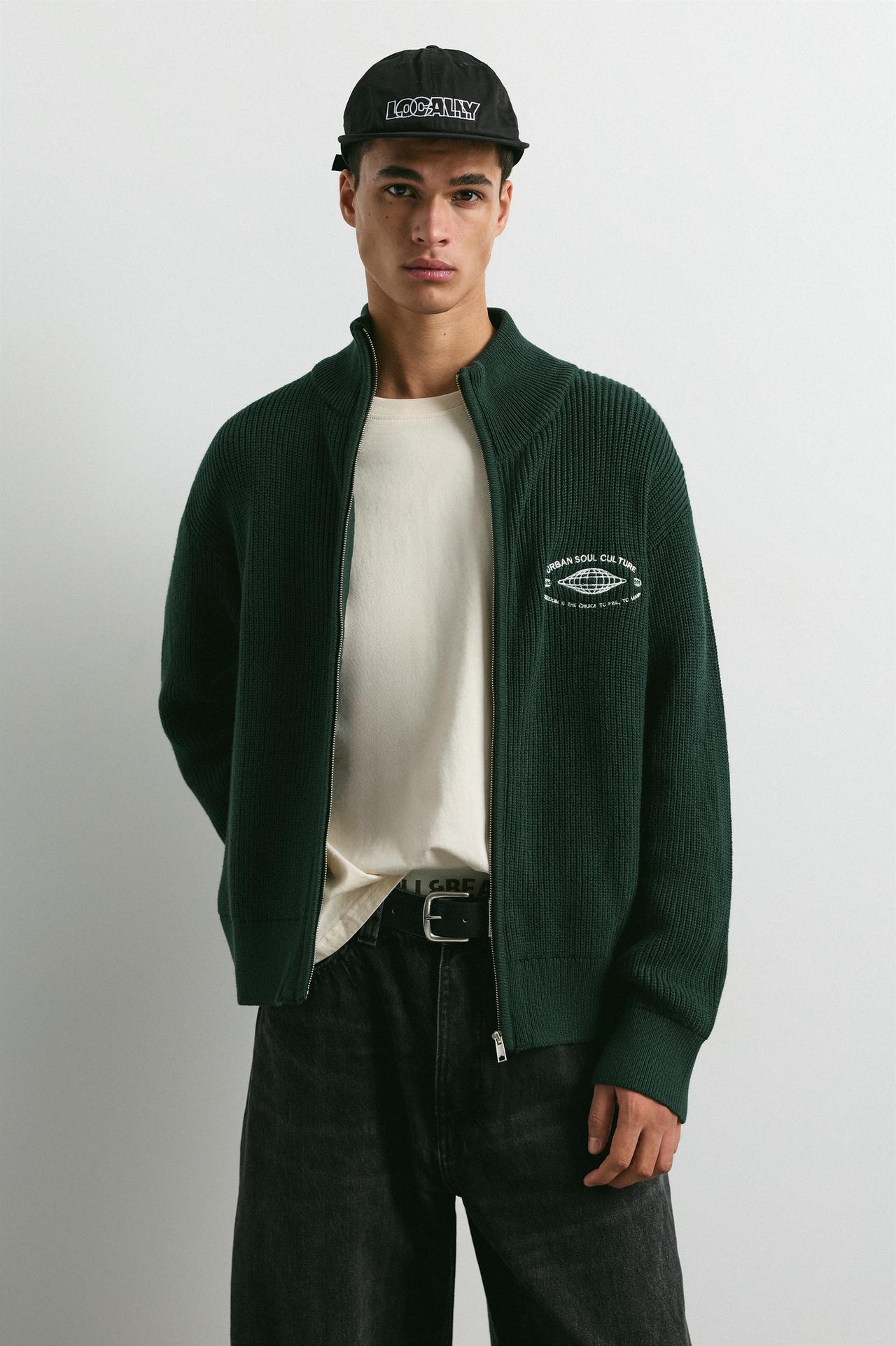 Embroidered zip cardigan — Green