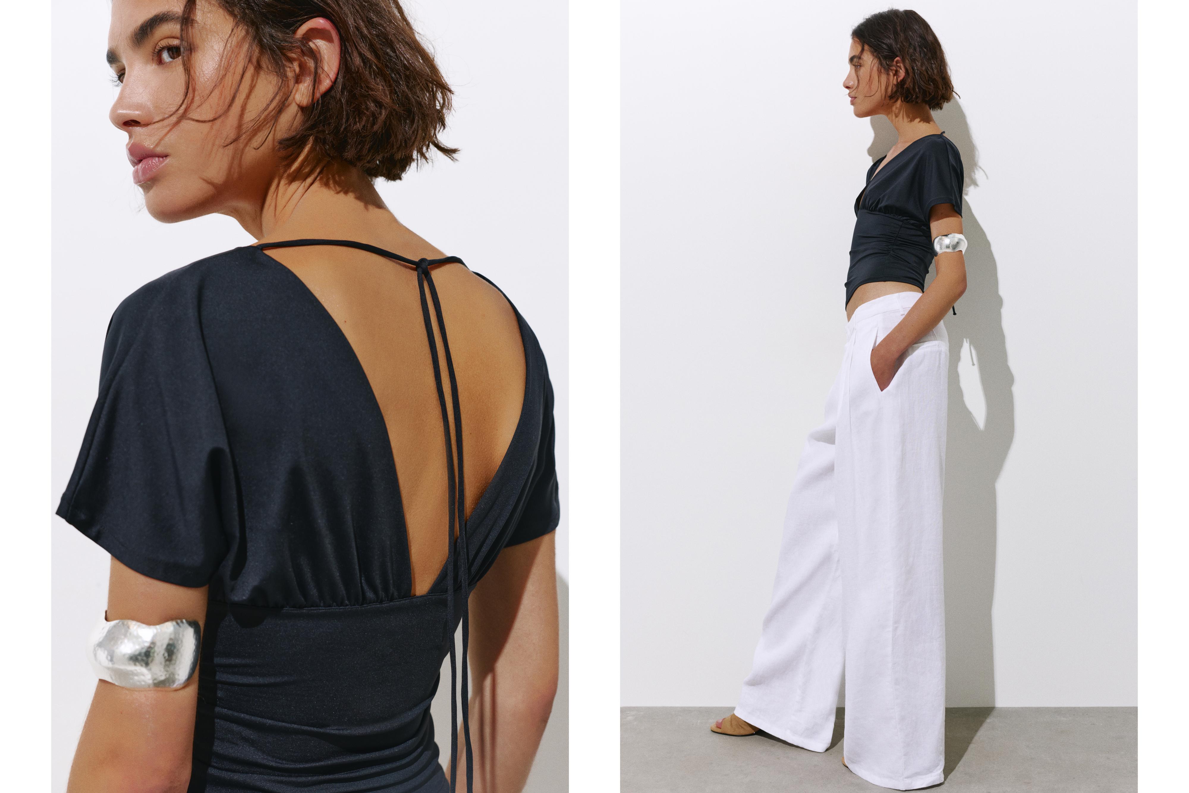 Gathered V-neck top — Black