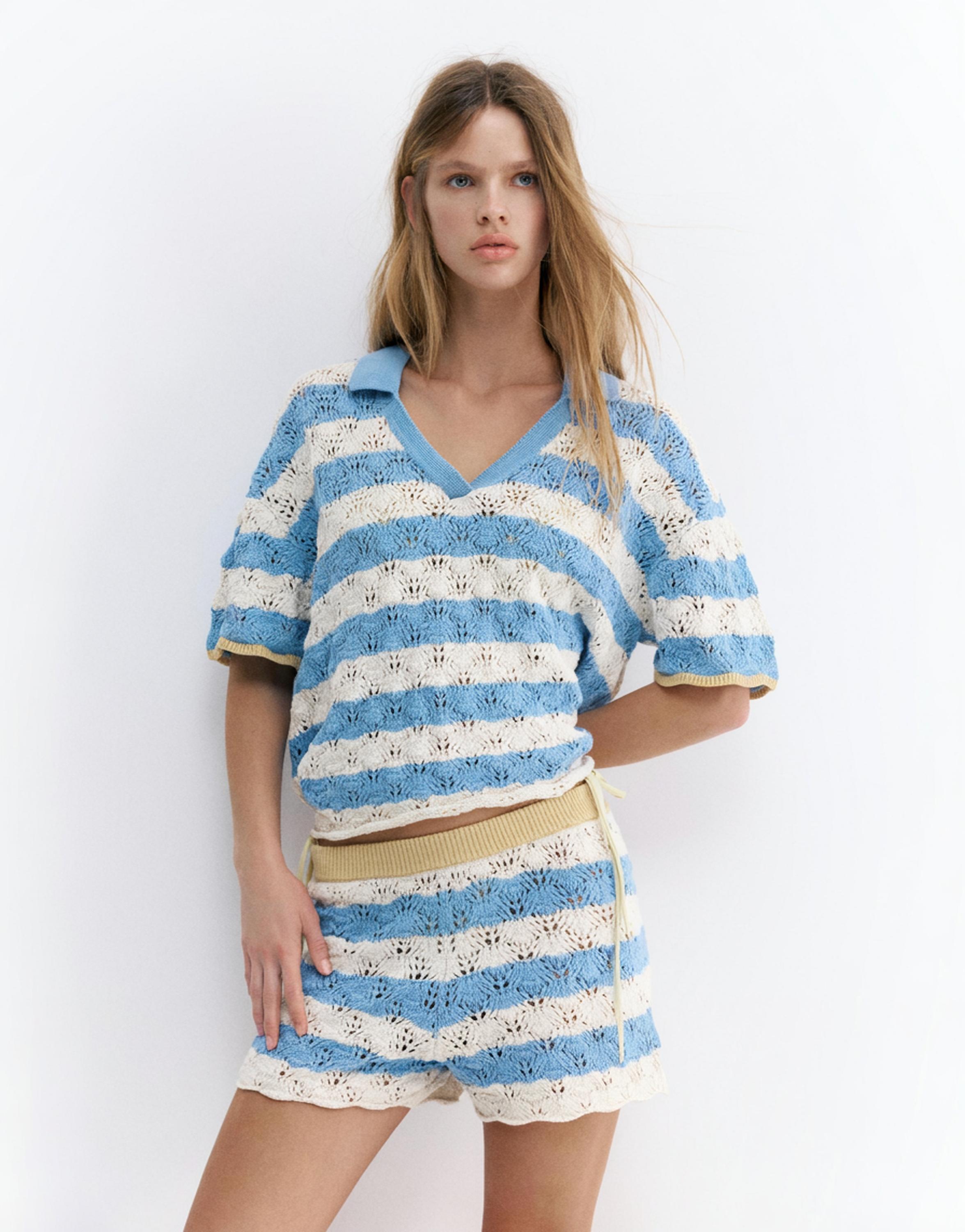 Kroşe çizgili polo tişört - Görsel 8