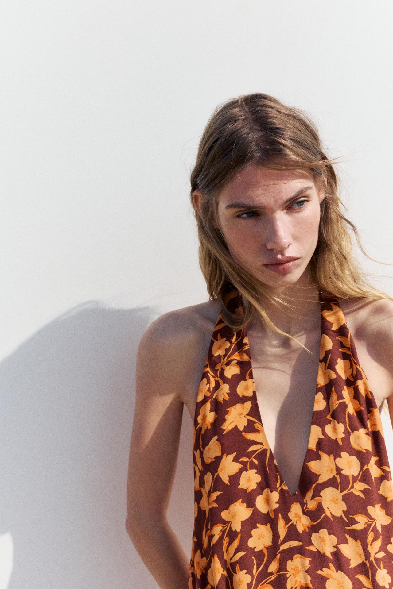 Floral halterneck midi dress — Brown