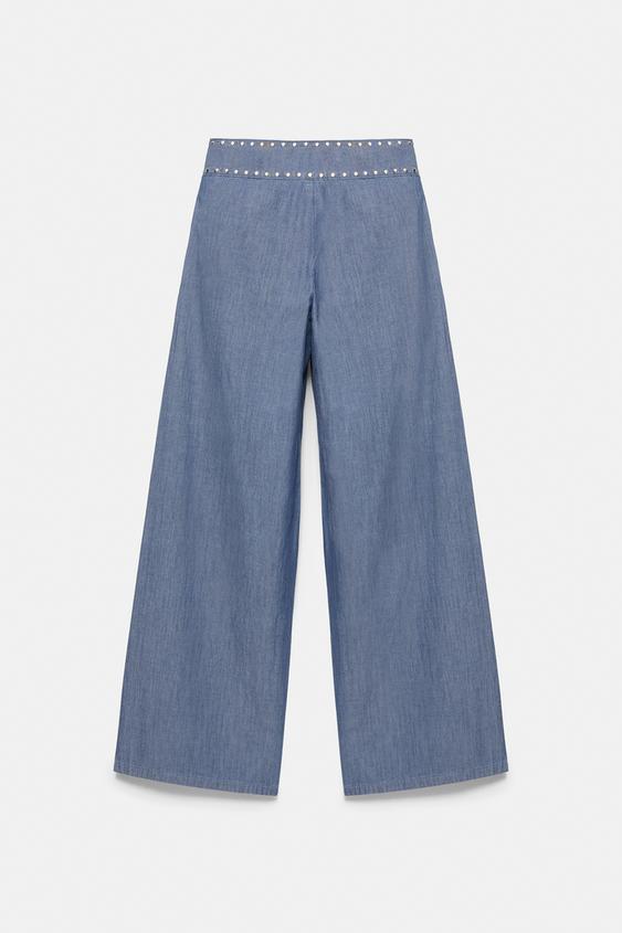 Zımbalı geniş paça jean