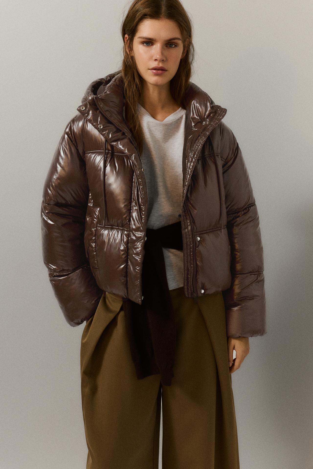 Puffer jacket with hood — Brown
