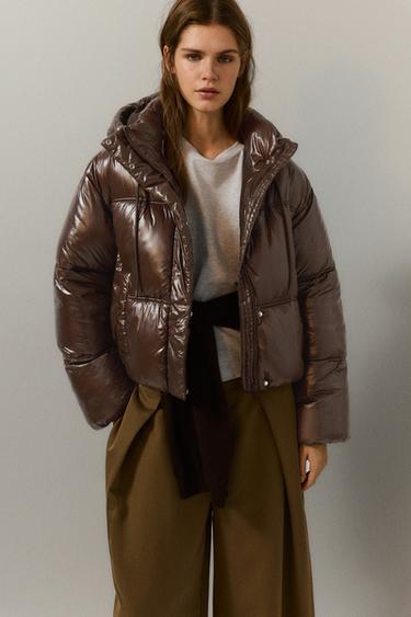 Puffer jacket with hood — Brown 1