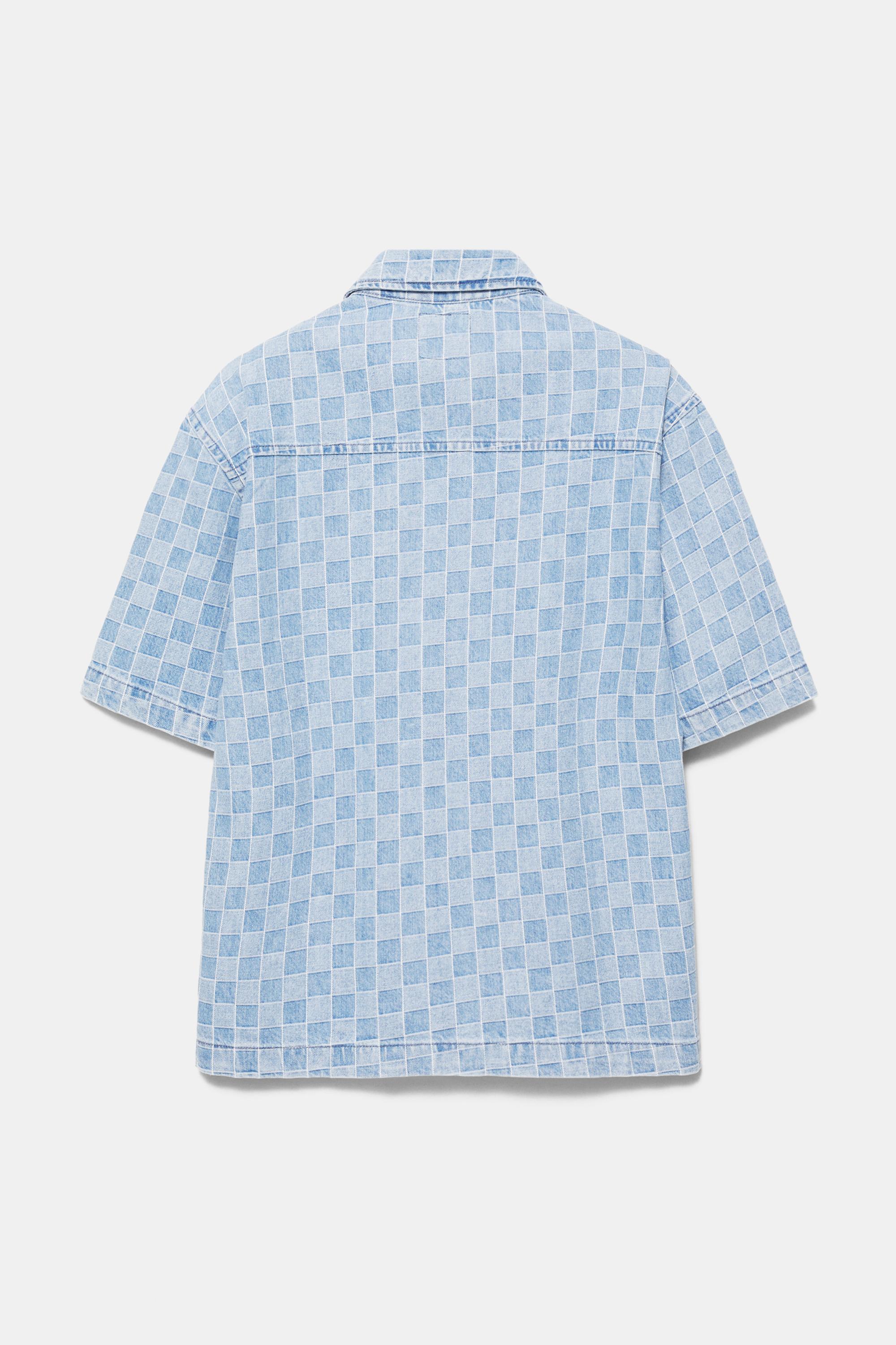 Check zip-up denim shirt — Medium blue