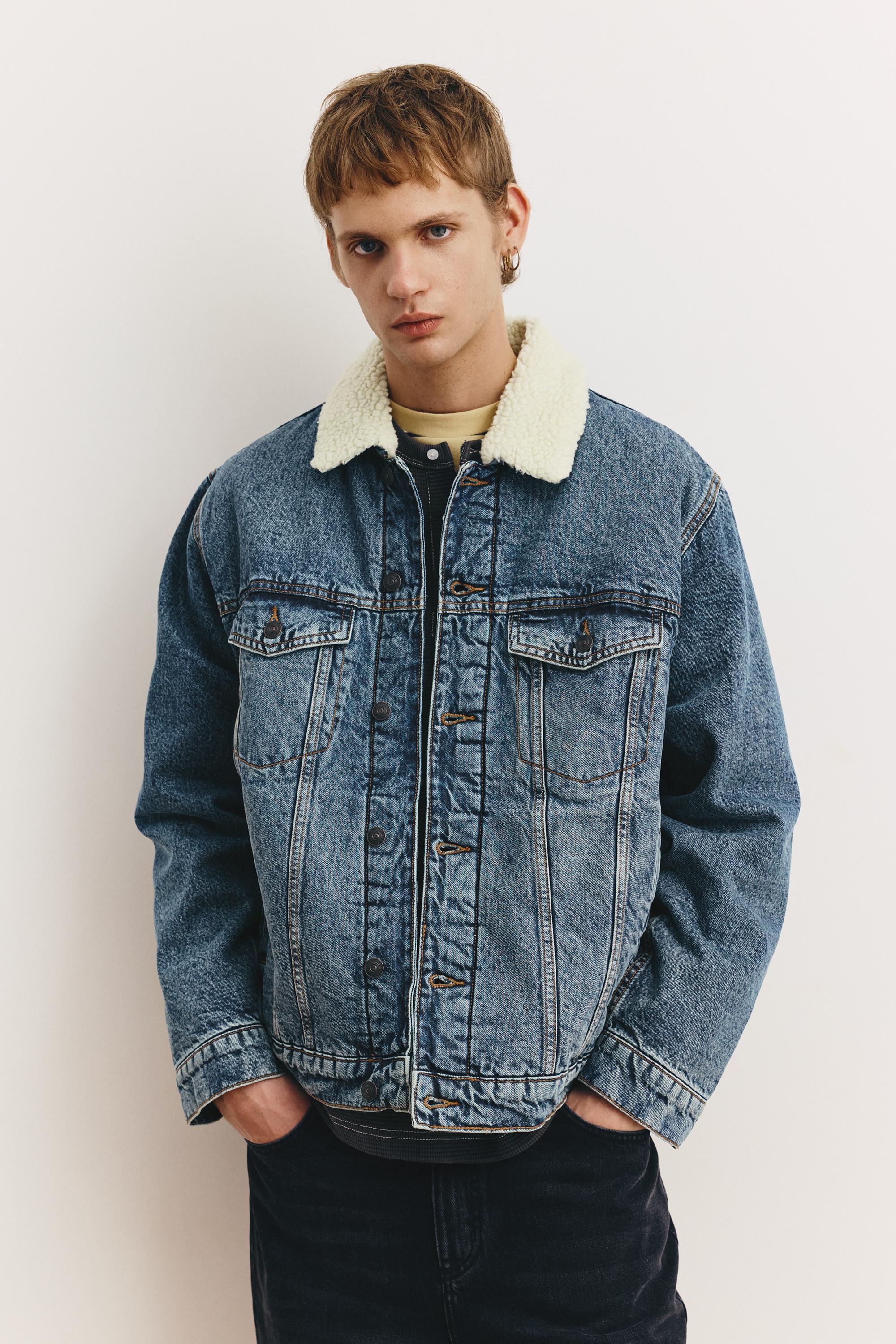 Denim jacket with faux shearling collar — Medium blue