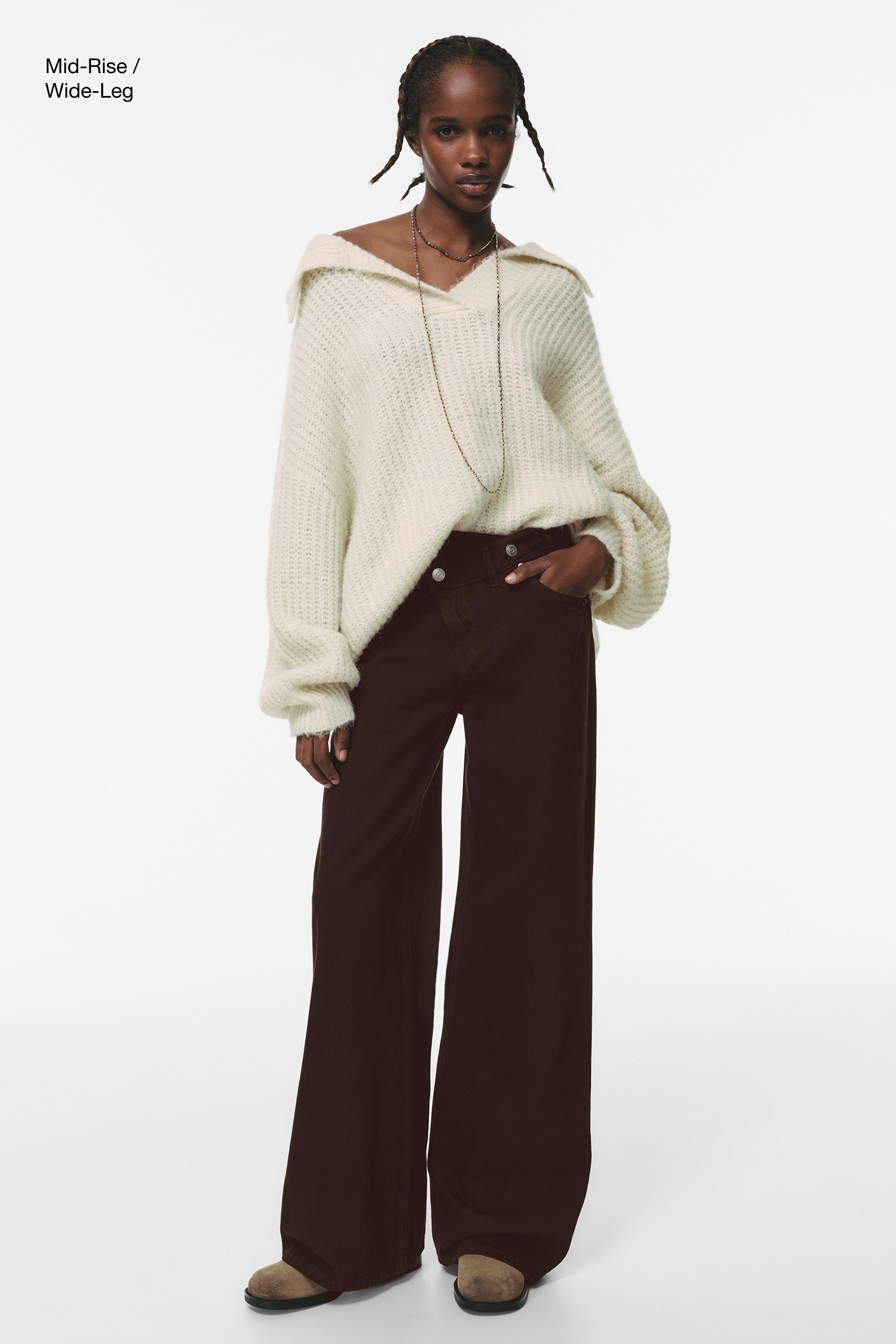 Wide leg jeans with crossover waistband — Brown