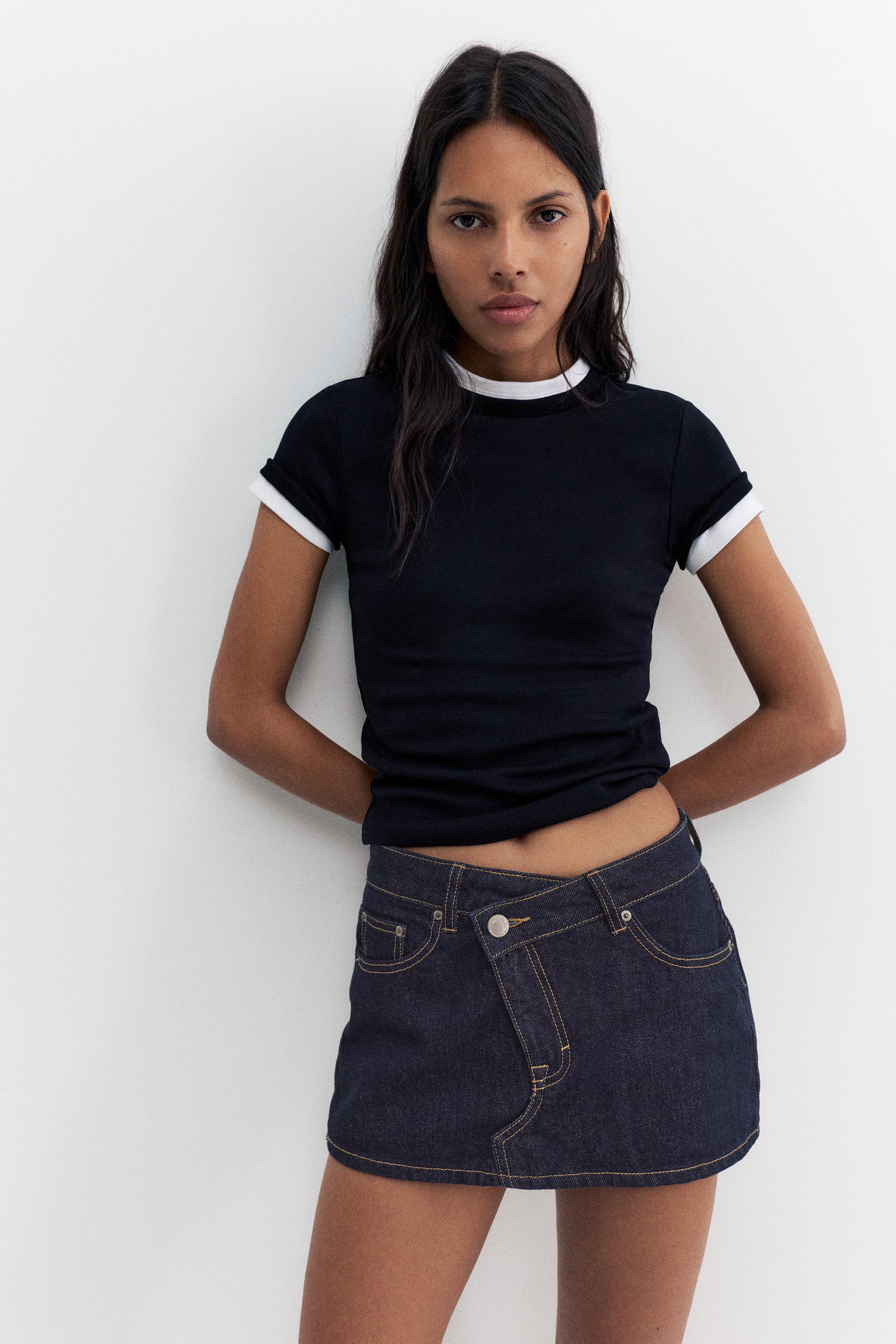 Cross-waist denim skort — Navy