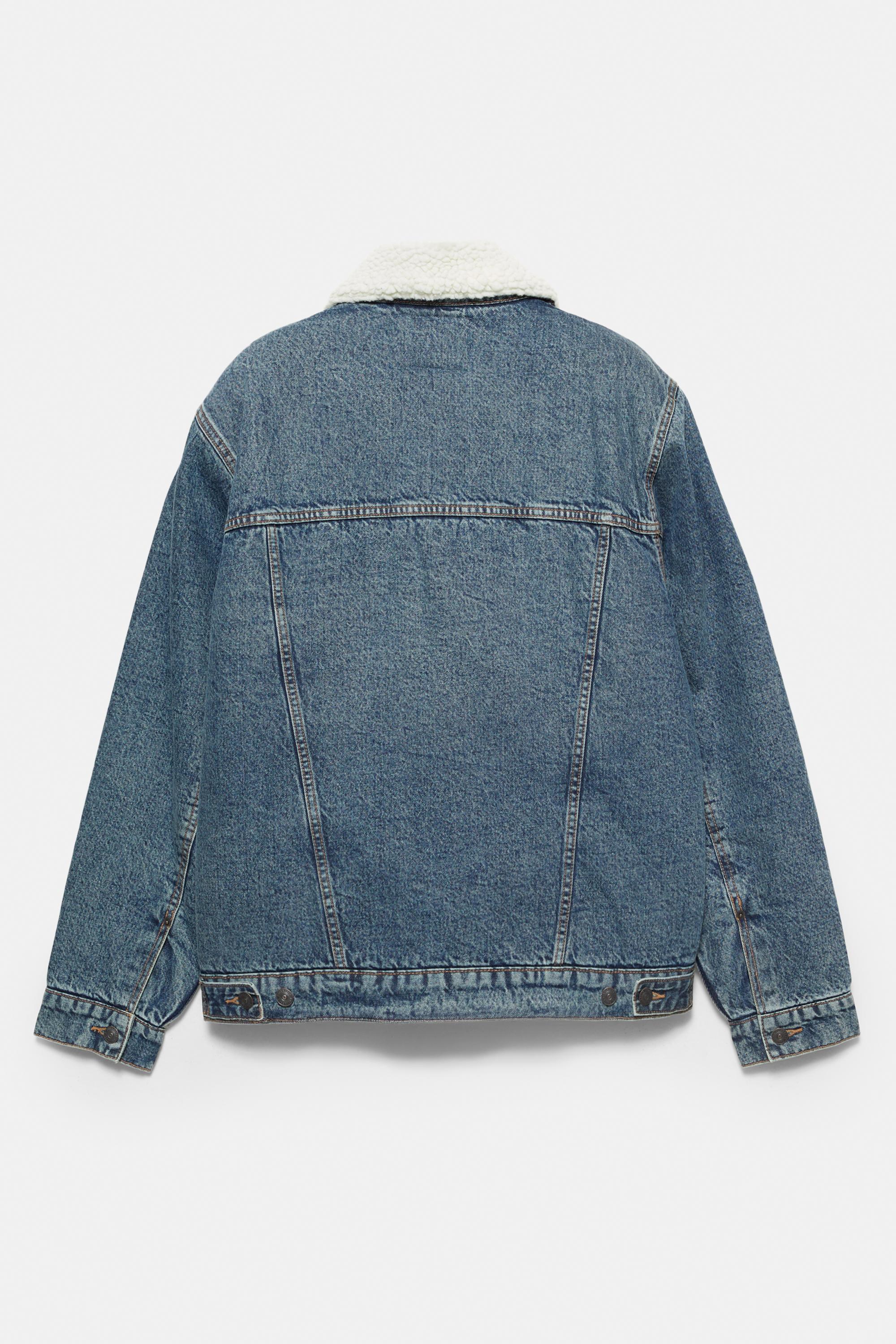 Denim jacket with faux shearling collar — Medium blue