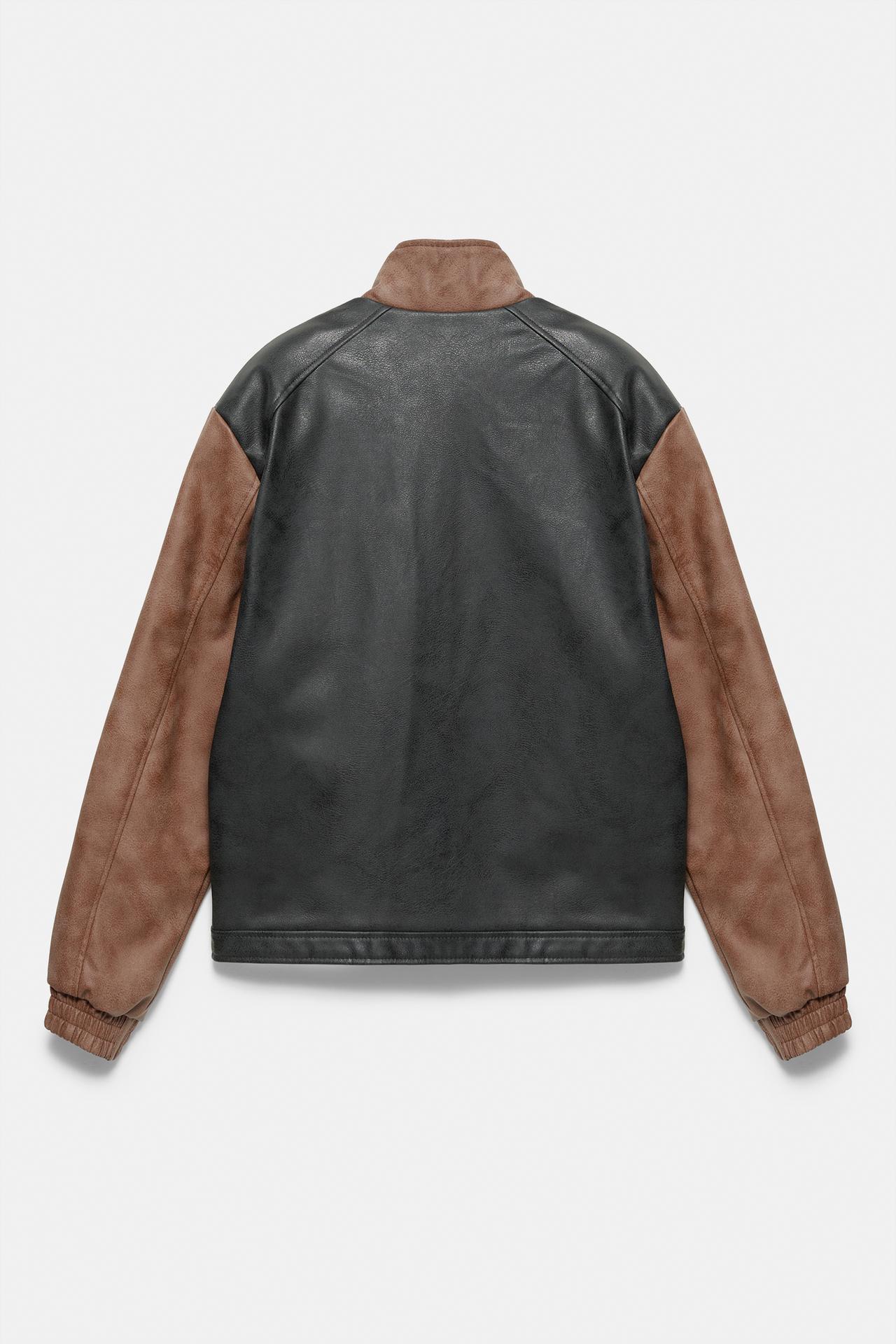 Leather-effect panel jacket — Brown