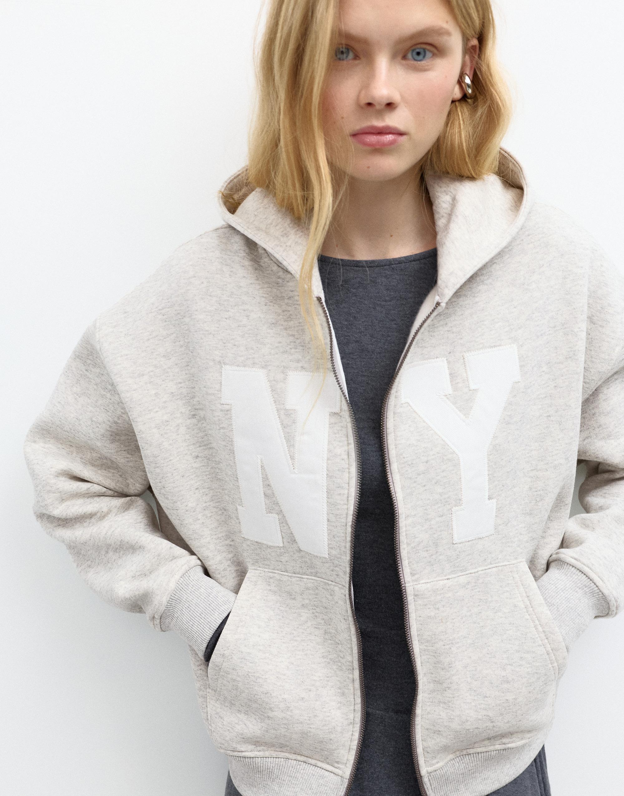 Graphic zip-up hoodie — Grey marl