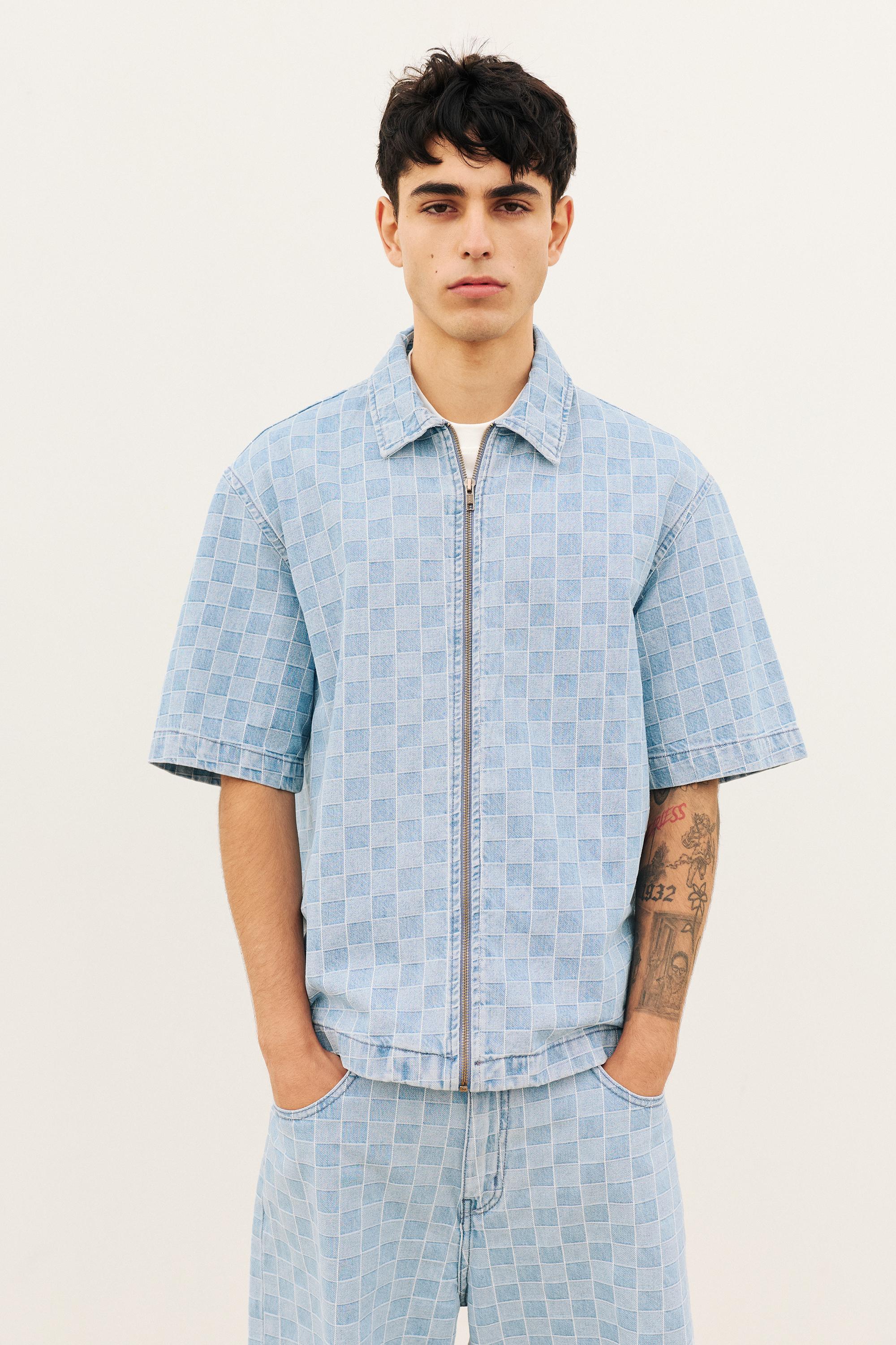 Check zip-up denim shirt — Medium blue