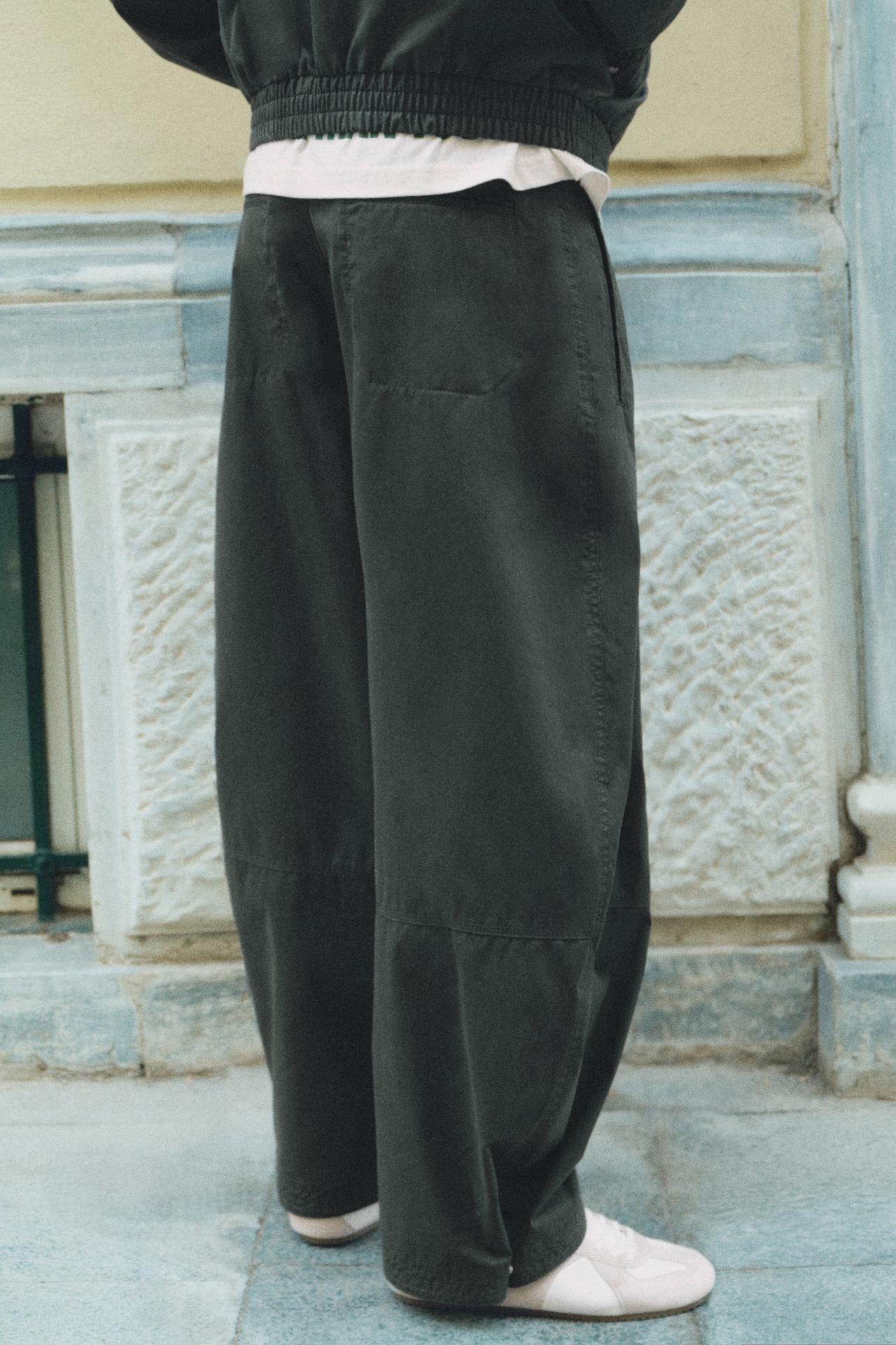 Darted barrel-leg trousers — Bluish green