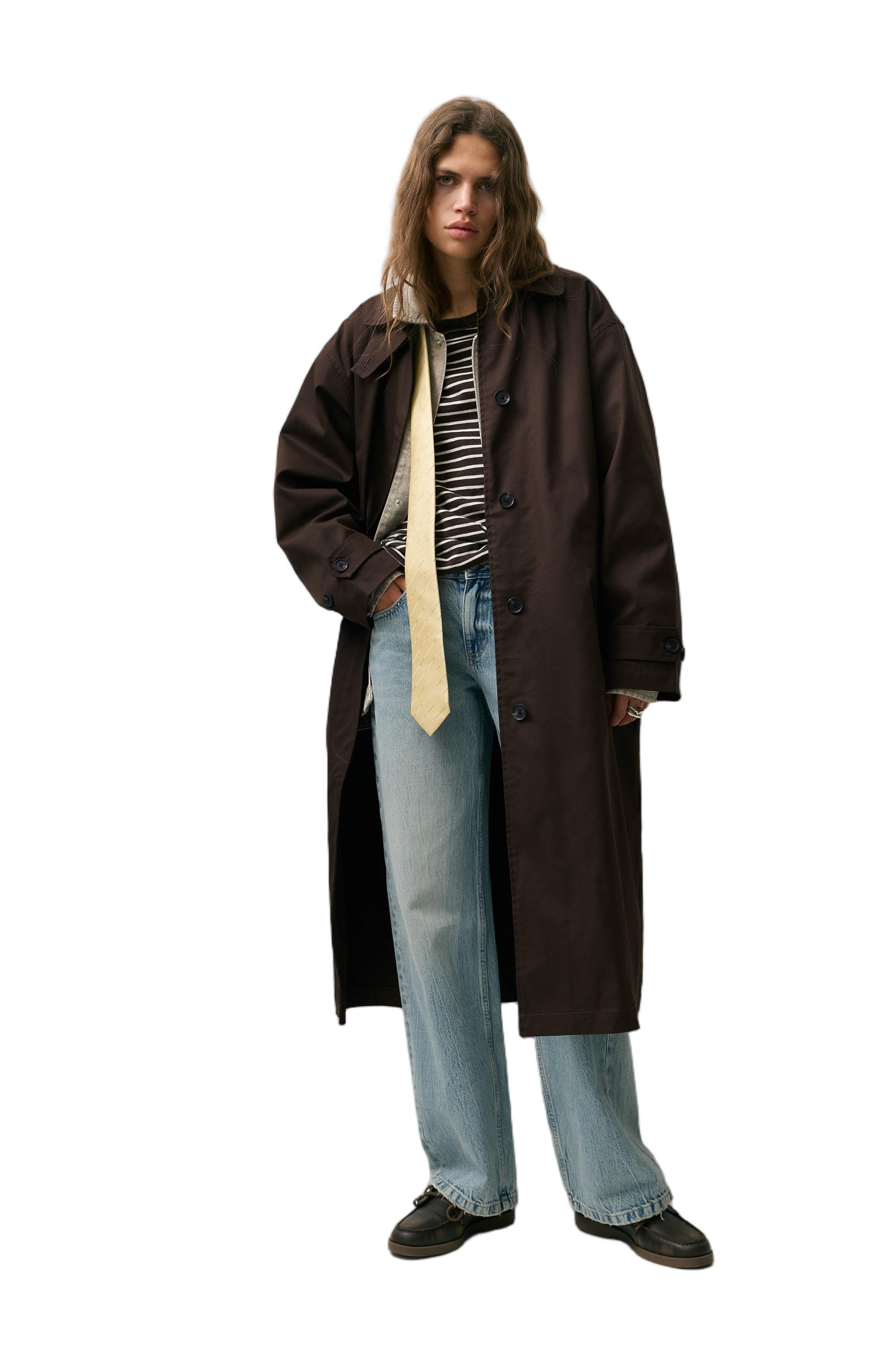 Kahverengi oversize trençkot - Görsel 13