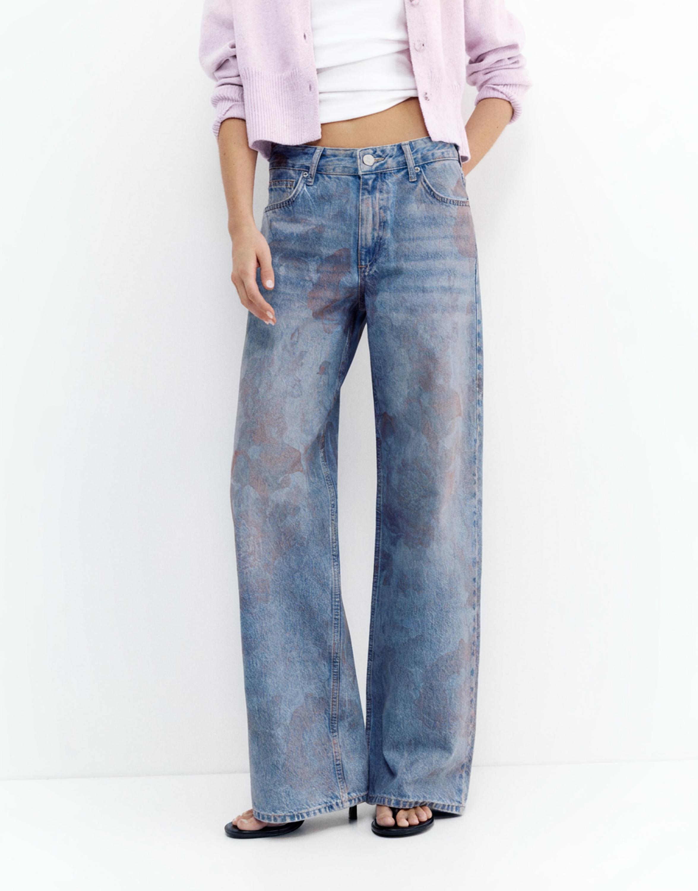 Floral baggy jeans — Medium blue