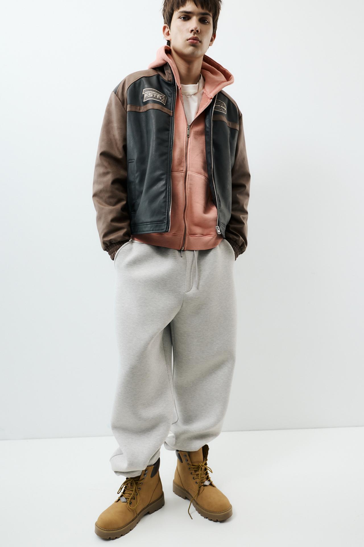 Leather-effect panel jacket — Brown