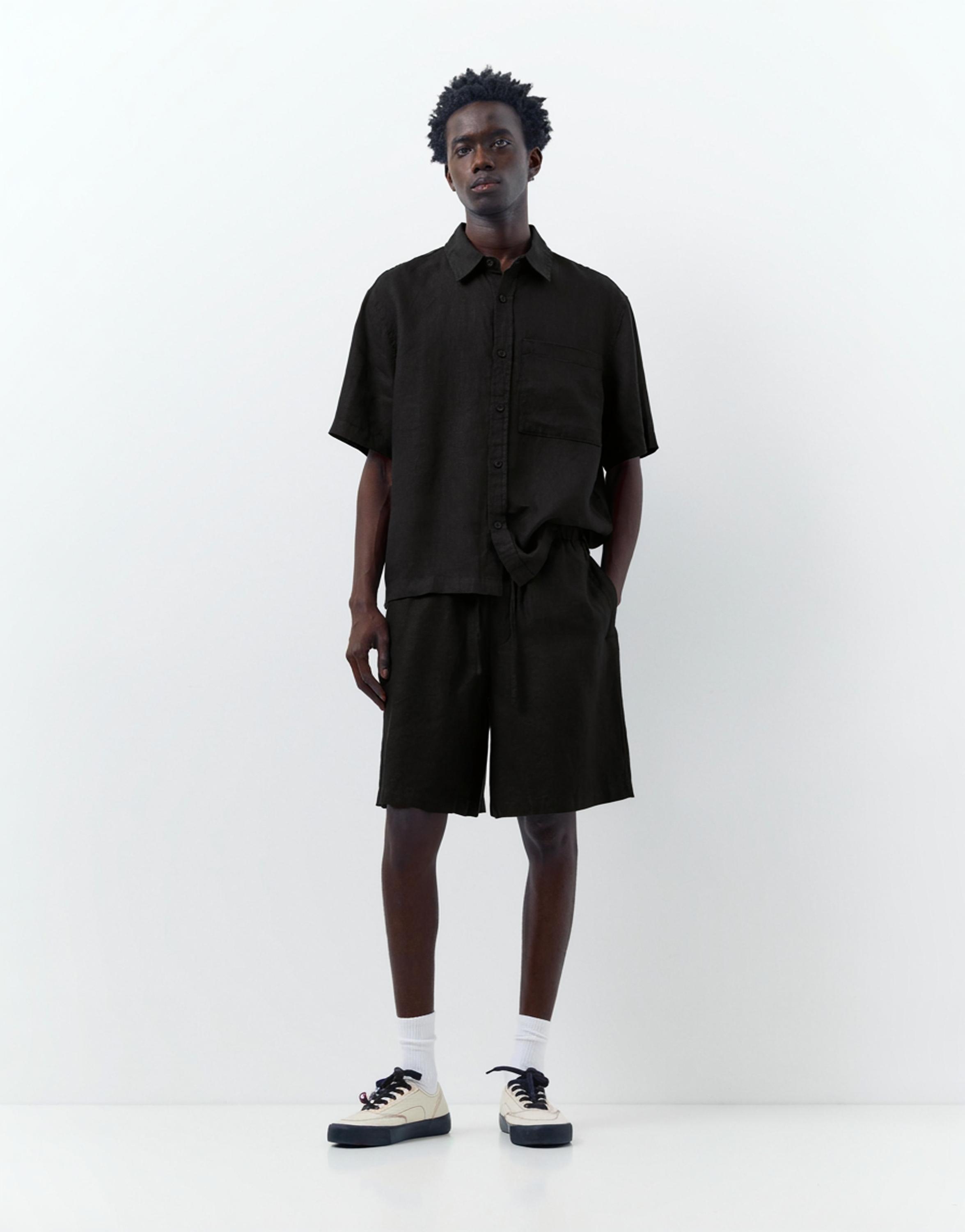 100% linen short sleeve shirt — Black
