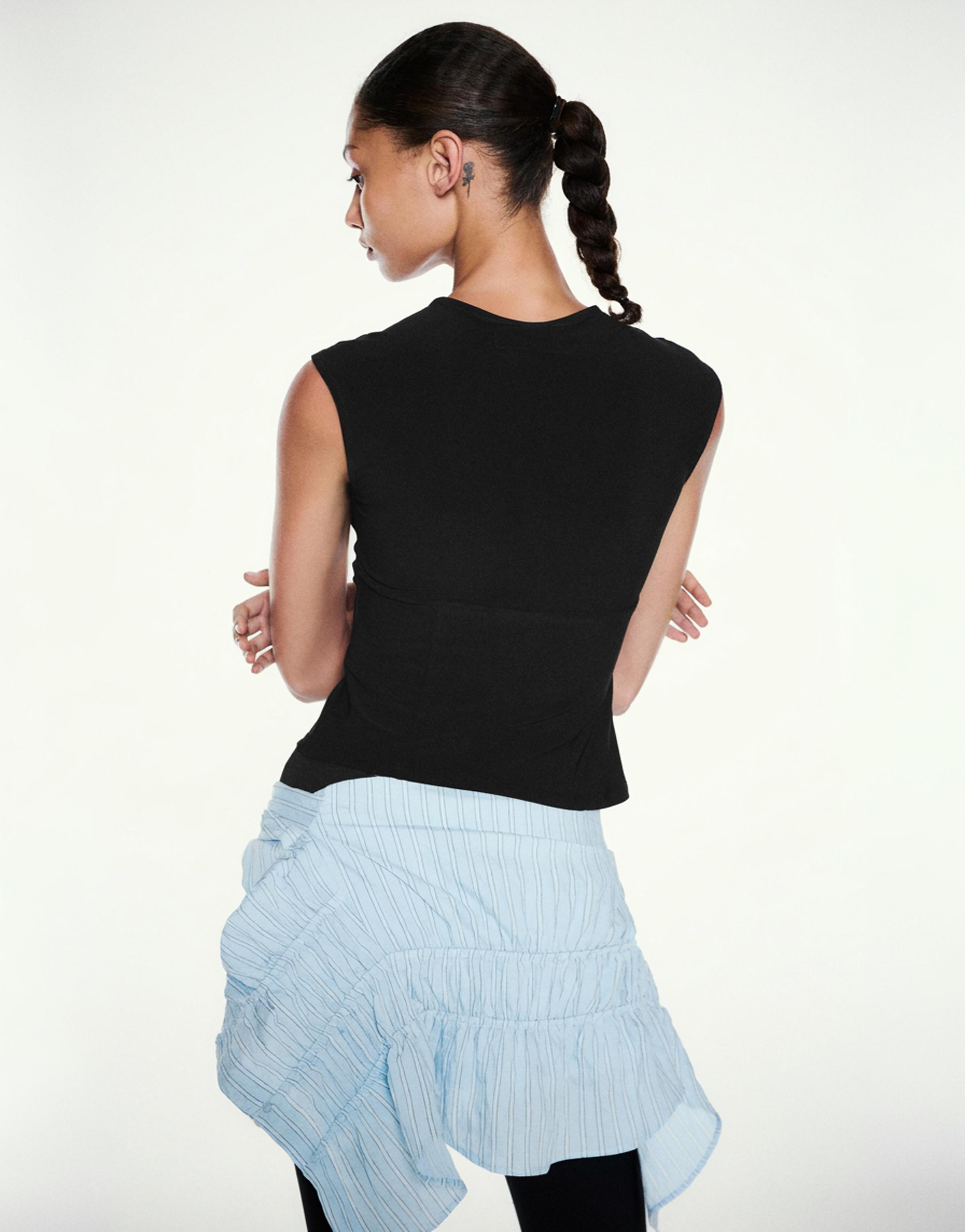 Gathered tie-neck top — Black